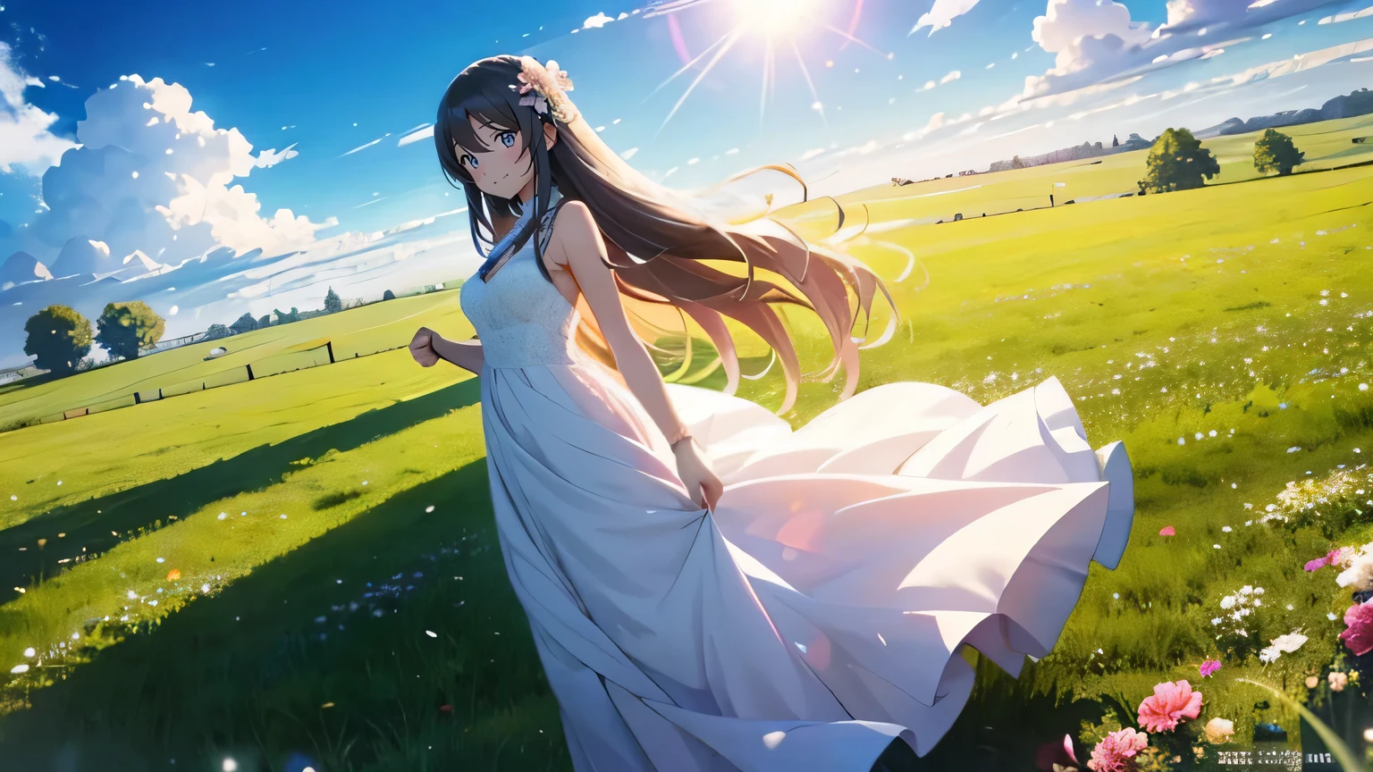 Beautiful sky style scene , Anime - stylish girl with long hair and flowers in her hair, smile , 後ろ向きのシルエット Beautiful sky style scene, Running through the steppes , Cute anime wife in a nice wedding dress, beautiful anime girl, cute detailed digital art, beautiful anime portrait , detailed digital anime art, anime style 4k , nice sunny day , the vast grassland , wide camera angle , Low - Angle , Lens flare , Gwaites style artwork