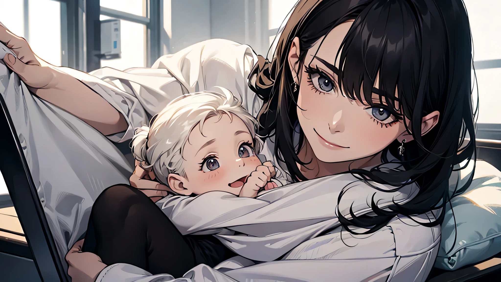 (A 30-year-old mature woman wearing white clothes and black tights, with long black hair, sitting in a hospital bed, holding a in her arms: 1.6) ((Holding a 1-month-old baby in her arms: 1.9)) (smiling expression on her face, looking at the camera: 1.5) (single, mature woman: 1.8) (face close-up: 1.5), perfect face, perfect body, detailed eyes, detailed face