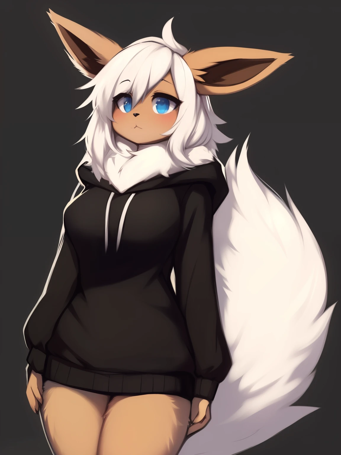 by zackary911,zackary911, eevee anthro, black hoode, solo, one character, blue eyes, female, fluffy fur, big fluffy tail, breast, fluffy fur neck, long white hair, wide hips