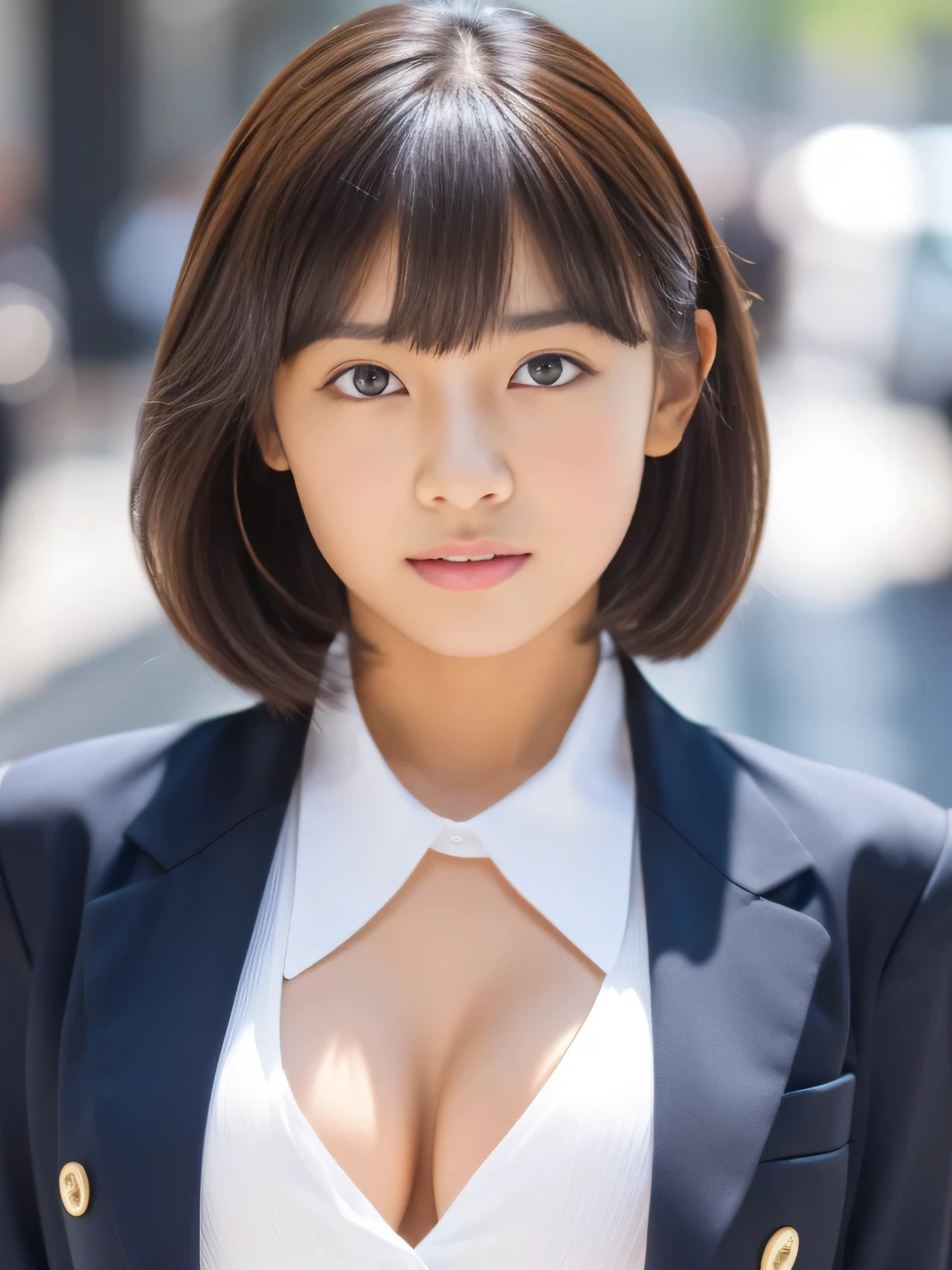 ((highest quality, 8K, masterpiece :1.3)), sharp focus :1.2, beautiful woman with perfect figure :1.4, thin abs :1.2, ((layered haircut, big breasts :1.2)), (Blazer over a very thin white button-up shirt :1.1), city street:1.2, Highly detailed face and skin texture, fine eyes, double eyelid、whole body、short hair、A cute -yeld wo of half Thai and Japanese descent...、sunburned skin
