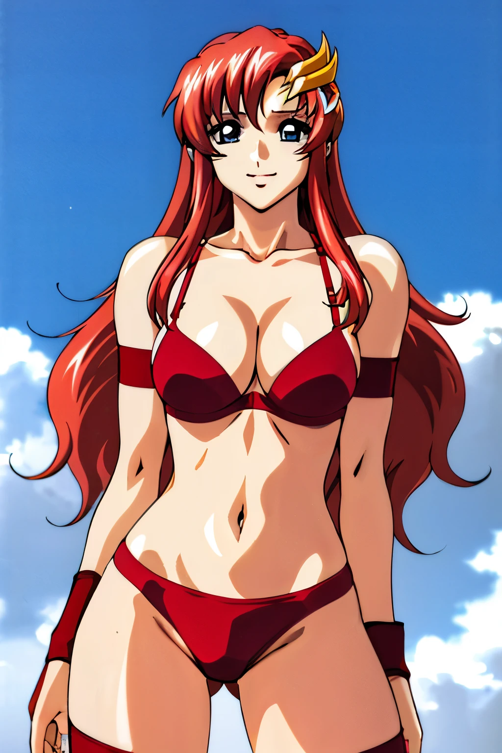 lacus4, (red bikini, red boots, arm band, groin, missy hair), (masterpiece, flexing arms, one arm covered , very slim shoulders, 4K, Best Quality, Anime style: 1.9, happy, Adult Woman, (ultra detailed head), (arena, cloud background), Drawing lines, high resolution, lacus4), 1girl, Solo, curvy figure, Long hair, 鎖骨, scapular, (Detailed wide hair bangs, Hair Ornament, Detailed reddish-pink hair, shiny streaks, slim arms, detailed golden crest), cleavage, large hands, (hair cover shoulders). (Big blue eyes, shiny eyes), ((female wrestler, (slim body), standing, slim arms)), ((perfect proportions, medium breasts, long belly)), ((totally red bra, neck band)), smile, (standing, hot colors), detailed fingers, (bare shoulders)
