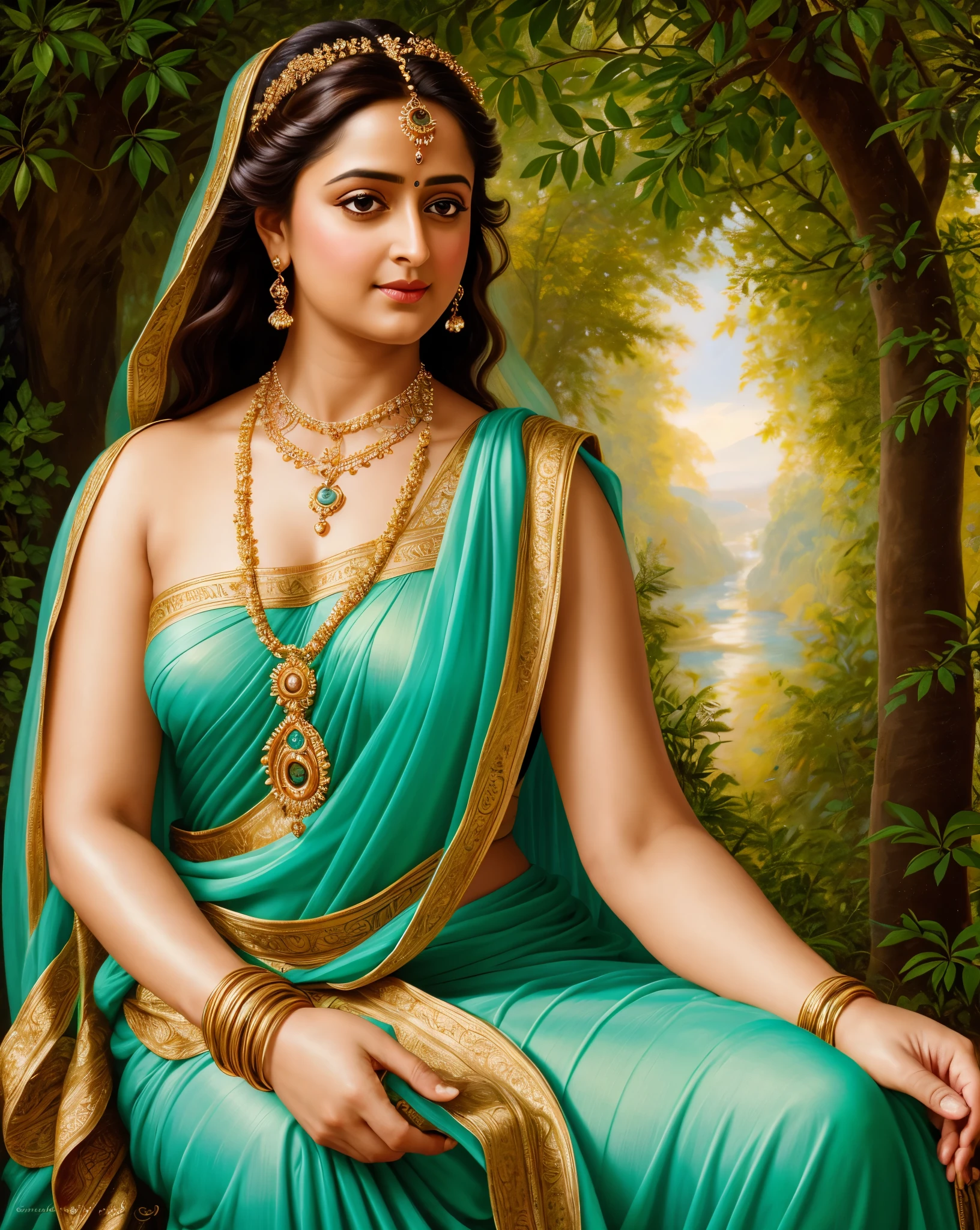 Looks like Anushka Shetty, Masterpiece, Best quality, high clarity eyes, beautifully styled hair, critically flawless,sharp picture, Full portrait, High pixels, perfect face, perfect eyes, beautiful face, perfect hands,perfect fingers, in Peter Paul Rubens style, by Peter Paul Rubens, baroque style, acrylic on canvas, highly detailed, description: "Create a nymph inspired by the tales of Greek or Roman mythology, embodying the essence of a natural element or location, and possessing a unique ability or trait that sets her apart."