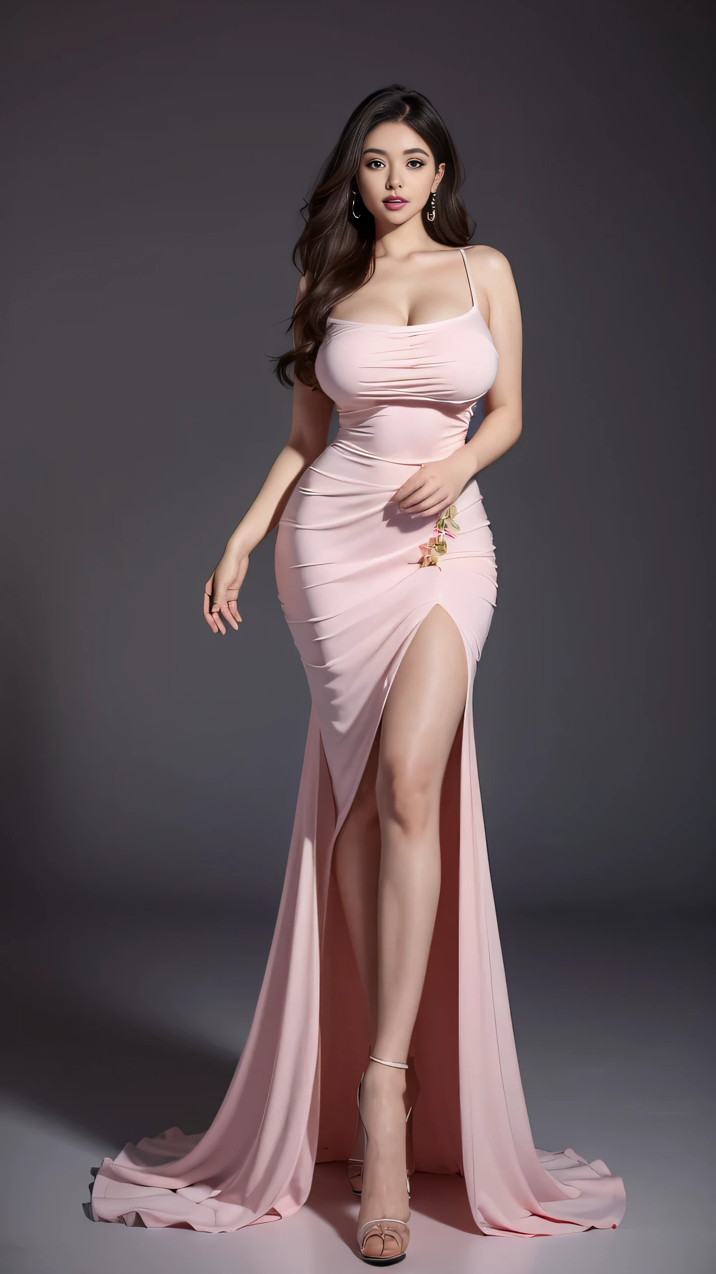 (best quality, ultra-detailed, realistic:1.37),portrait,voluptuous woman,flower,tight dress, Random dress color, passionate look,large buttocks,vibrant colors,soft lighting, standing, full body view, extreme tall, long legs, very tall, tall, right hand touching breasts, departed legs, v shaped vegs.