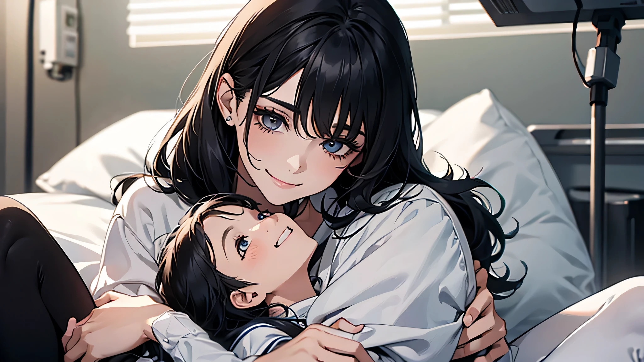 A 30-year-old mature woman wearing white clothes and black tights, with long black hair, sitting in a hospital bed, holding a in her arms, Holding a 1-month-old baby in her arms, smiling expression on her face, looking at the camera, single, mature woman, face close-up, perfect face, perfect body, detailed eyes, detailed face