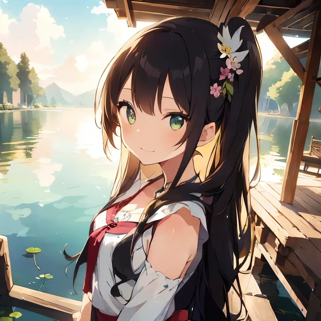 A mesmerizing anime girl standing in the midst of a serene lotus lake. Her face radiates a realistic and joyful expression, capturing the essence of pure happiness. Her long hair cascades down her back, catching the light of the shiny daylight. Her captivating green eyes reflect the beauty of her surroundings.

She wears a vibrant red saree, adorned with traditional jewelry that complements her graceful appearance. The intricate details of the jewelry shimmer in the sunlight, adding an element of elegance to her ensemble. 

The lotus lake is a breathtaking sight, with the water rendered in exquisite detail, appearing almost realistic. The surface of the lake is adorned with wonderful pink lotus flowers, each petal meticulously depicted. Beside the lake, wild and colorful flowers bloom, attracting a flutter of butterflies that dance in the air.

In the midst of this picturesque scene, a wooden boat glides peacefully on the calm waters, enhancing the feeling of tranquility and harmony.
