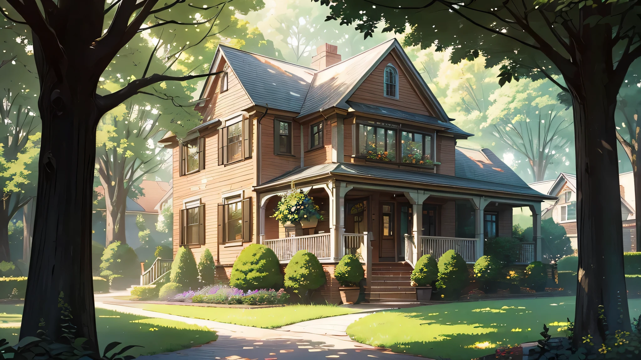 A charming double-story red brick house is nestled amidst a serene countryside landscape. The house features an inviting front porch adorned with hanging flower baskets. Sunlight filters through the surrounding trees, casting dappled shadows on the lush green lawn. The artist, Thomas Kinkade, captures the scene with warm hues and soft lighting, creating an atmosphere of cozy tranquility.