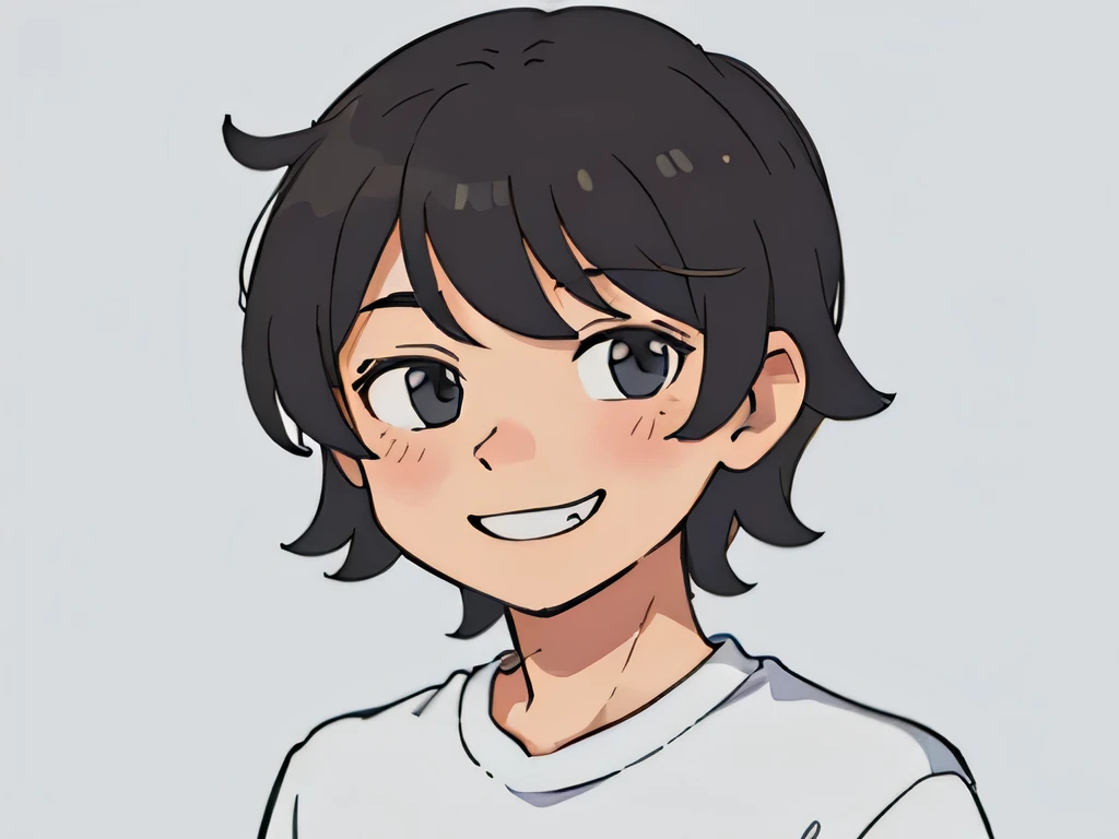 illustration of a guy having short messy hair, cute, smiling, happy ,posing for a picture