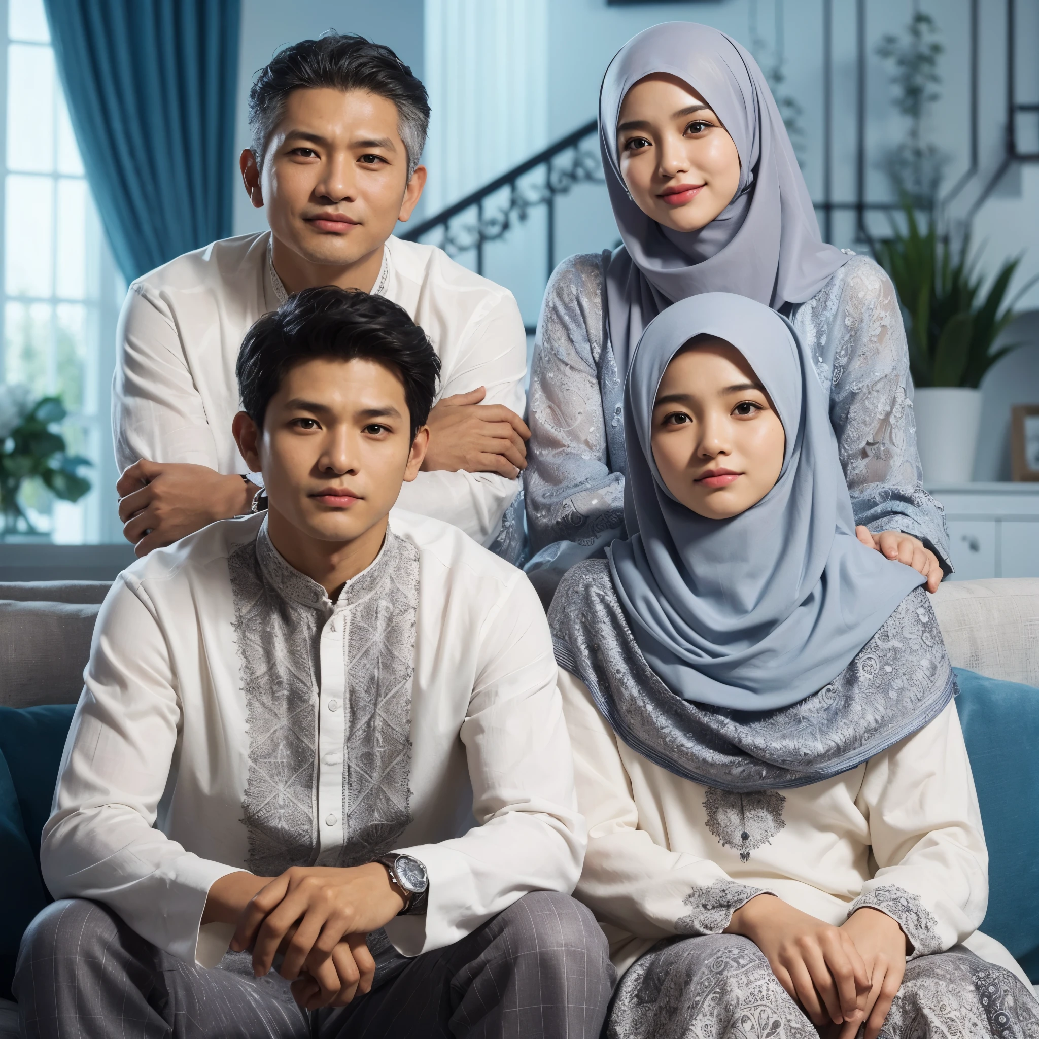 Make a friendly close up photo style, three members, one Indonesian MAN aged 32 years, one WOMAN aged 28 years old, wearing a hijab, and a boy aged 5 years, chubby. they are wearing white colored Muslim koko clothes The latest blue long dress , wearing a hijab, sitting on the sofa, embracing each other, comfortable and happy, in a luxurious living room, luxury home studio background, very detailed. fresh colors, blue lighting, ULTRA HD,