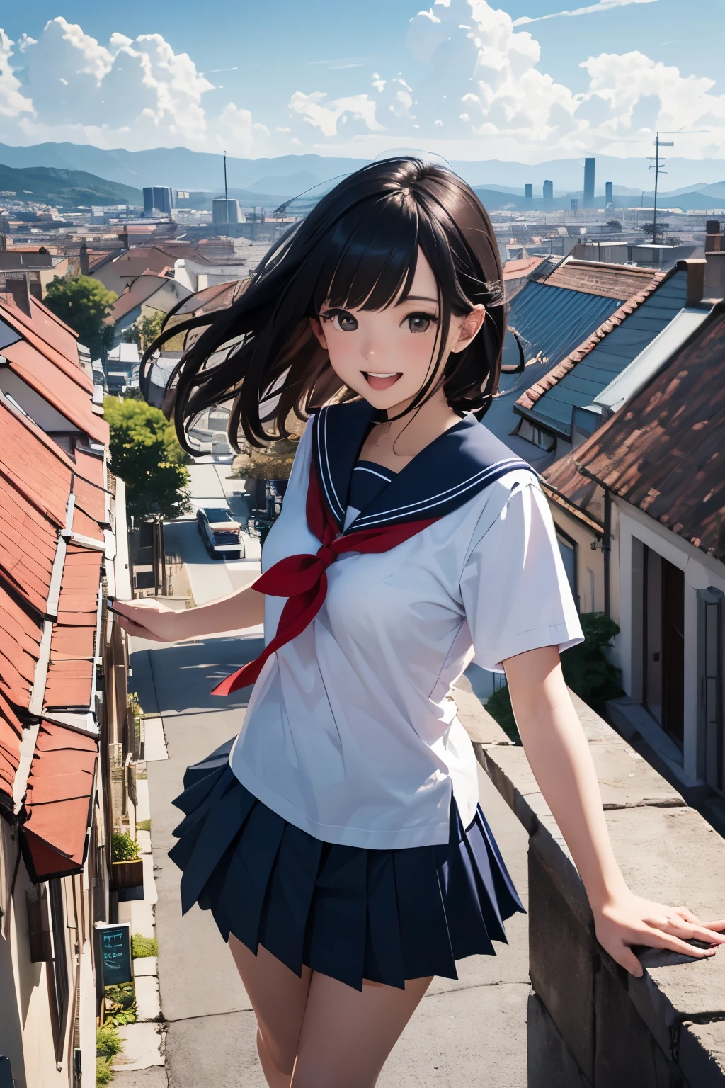 very cute and beautiful girl,(highly detailed beautiful face),
(laugh),black hair,(sailor school uniform,pleated navy blue mini skirt),dynamic pose,looking at viewer,
many european houses with red roof,(town overview:1.2),
(best quality,masterpiece:1.2),absurdres,highres,ultra-detailed,extremely detailed,32k,8k resolution,
intricate details,cinematic scene,detailed background,solo,dynamic angle,
solo,hair fluttering in the wind,beautiful detailed sky,