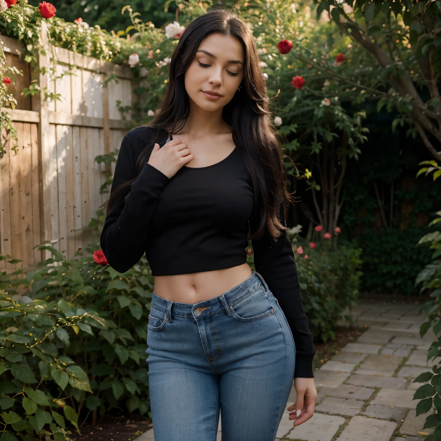One woman of about 20 years old, black long hair, body measurement 36-25-36, height 5'7", big breasts, Hazel eyes, wearing Long Sleeve Shrug, jeans, with a red rose in hand, smelling rose close to nose from hand, eyes closed, in a garden, happy face, Full Body full height Shooting, Masterpiece, mobile Photography, daylight, 8k, Top Quality, Photorealistic, Ultra Detailed, (high skin detail:1.2),Intricate, sharp-focus, candid capture