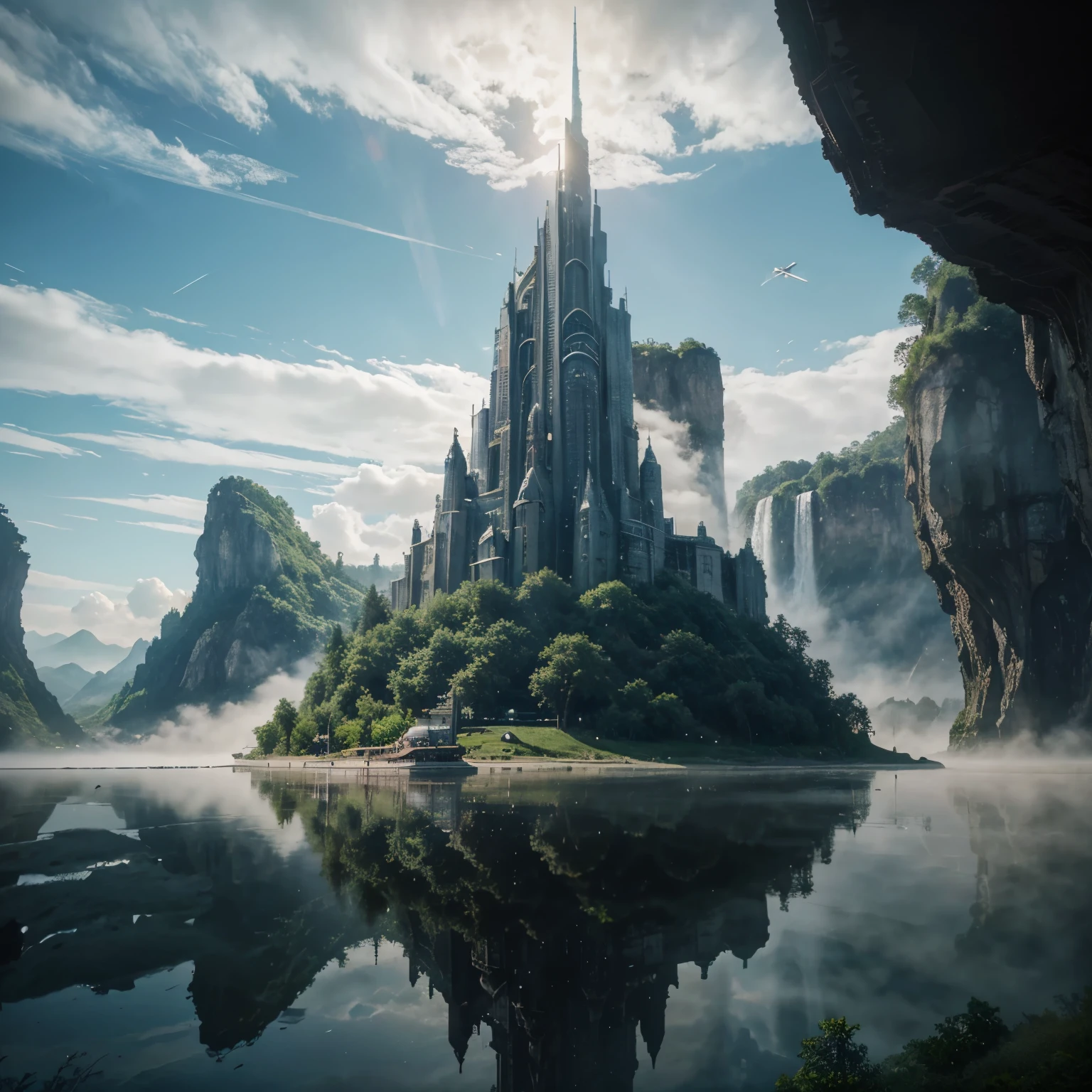 a Sci fi castle on Riverbanks, Imagine a world suspended among the clouds, with Surrounding giant cities and celestial waterfall, with mountain Hubway