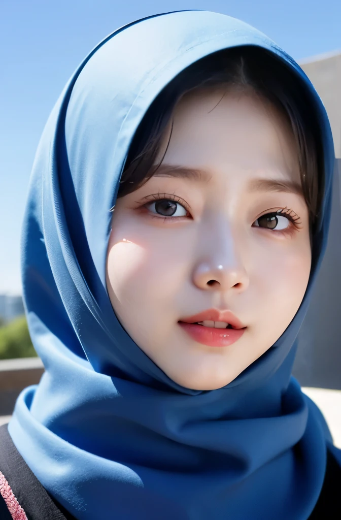 Wear hijab blue collor, ((Best quality, 8k, Masterpiece :1.37)), position:sitting, face looking at the camera holding a smart phone, ( women in hijab), women in hijab blue, style model, ( women in hijab), beautiful face, Beautiful detailed eyes, Korean eyes, nose detail, Natural Lips, 18 year old girl, black hair, very detailed face, ultra detailed body, slim body, detailed big breasts, detailed hairy vagina, Wearing Muslim hijab , luxurious jubba thobbe, blue sky view, slim body, realistic face, women wearing hijabs, smiling face