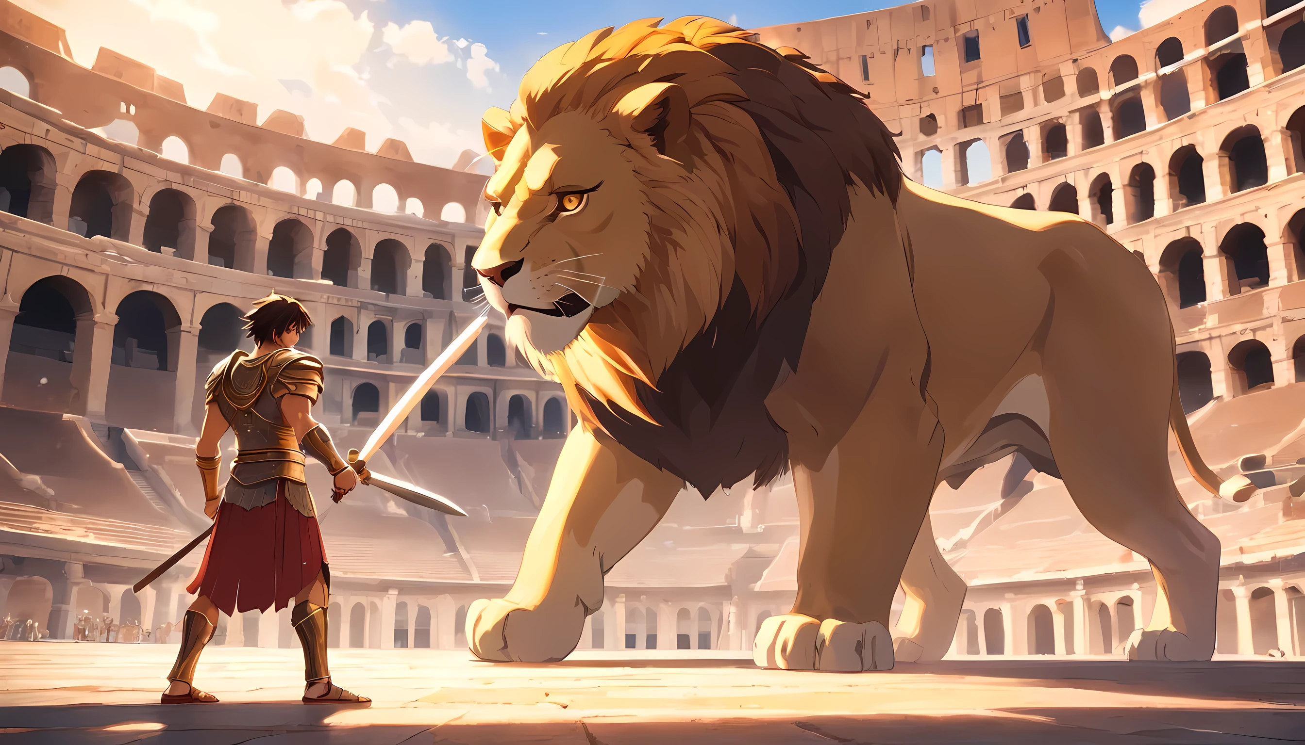 a gladiator (man), preparing to fight with lion in colosseum, detailed eyes, detailed face, detailed outfit, wealthy kingdom, happy citizen, close up illustration, absurdres, highly detailed CG, Makoto Shinkai Class production