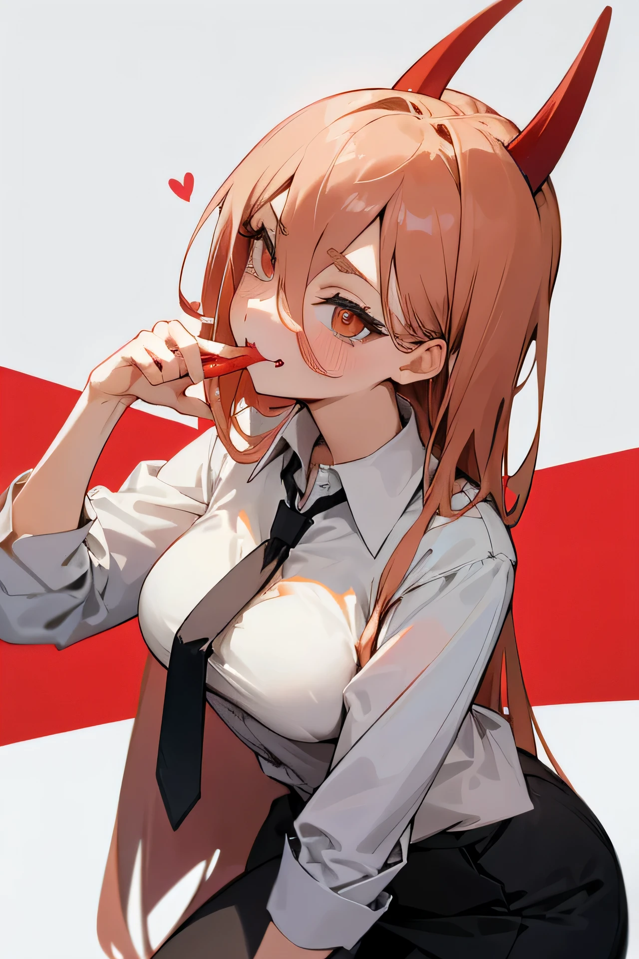 anime characters、anime girl、cute、sexy、high quality、最high quality、beautiful girl、the power、simple background、Take off your clothes halfway、office suit、shirt、tie、sexyな下着、Open、Licking blood、stick out tongue、Suspicious smile、red nail polish、leaning forward、shoot from the side、lick your palm、There&#39;s blood on my hands、You can take off your clothes