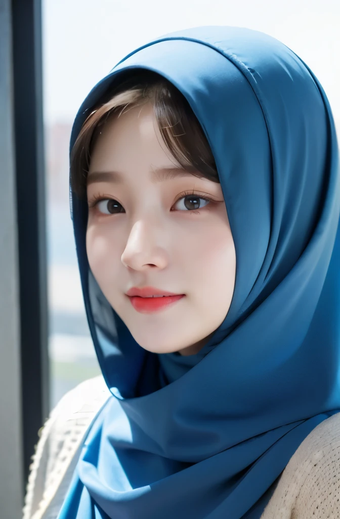 Wear hijab blue collor, ((Best quality, 8k, Masterpiece :1.37)), position:sitting, face looking at the camera holding a smart phone, ( women in hijab), women in hijab blue, style model, ( women in hijab), beautiful face, Beautiful detailed eyes, Korean eyes, nose detail, Natural Lips, 18 year old girl, black hair, very detailed face, ultra detailed body, slim body, detailed big breasts, detailed hairy vagina, Wearing Muslim hijab , luxurious jubba thobbe, blue sky view, slim body, realistic face, women wearing hijabs, smiling face