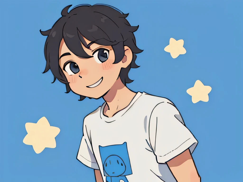 illustration of a guy having short messy hair, cute, smiling, happy ,posing for a picture