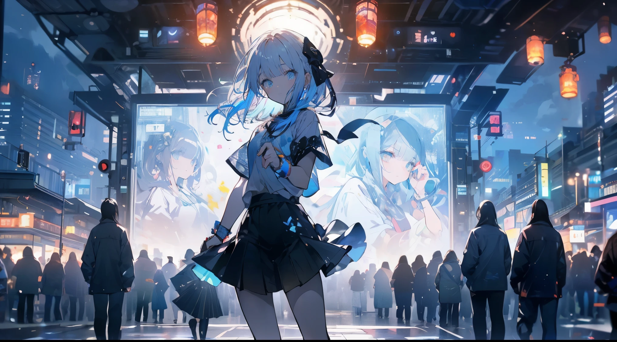 (8k, original photo, masterpiece:1.3), (actual, photo-actual:1.37), (night), (looking at the audience:1.331), (white hair), pose, Tokyo streets, nightcityscape, Cyberpunk City, soft light, 1 girl, extremely beautiful face, broken to pieces, hands down, Random hairstyle, random expression, big eyes, lower abdomen, (short sleeves .Jie Kang_shirt), Jie Kang_style, (dark blue Jie Kang_skirt), (bow Jie Kang_tie), Mix 4., best quality