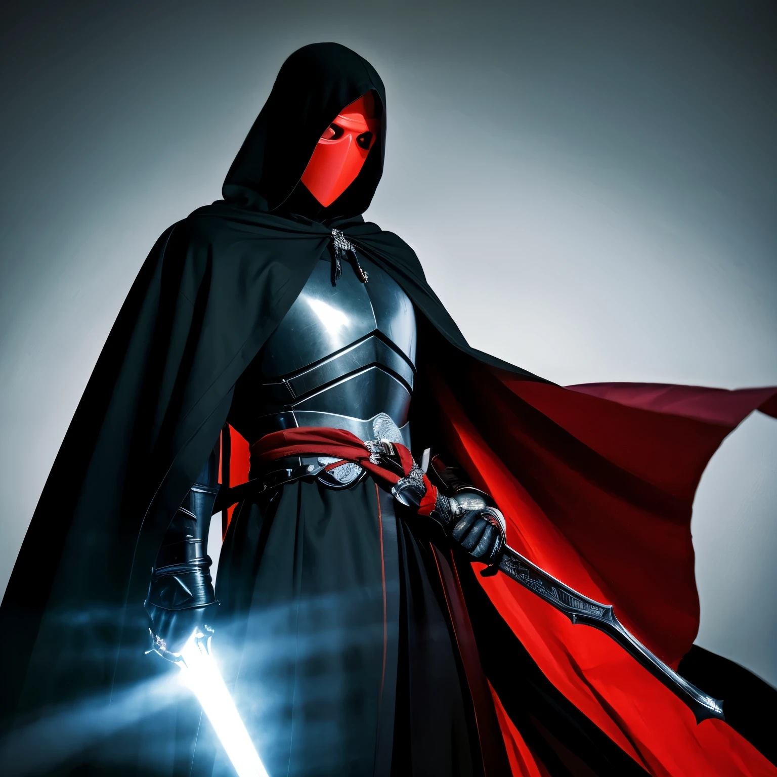 Brave、male、knight、black robe、hood、Invisible Face、red sword、cool、Upper body、white background