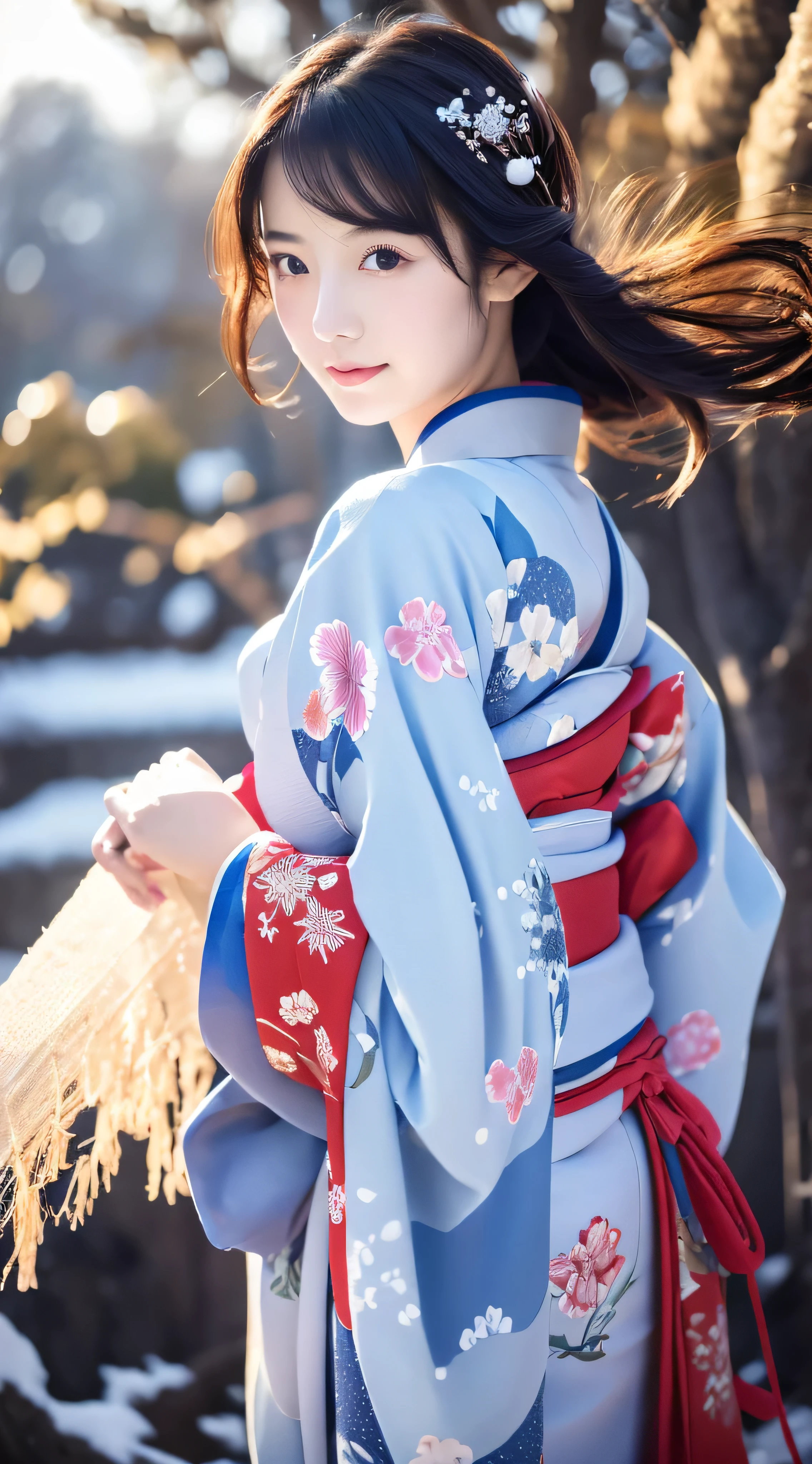 ((Kimono))、(full body Esbian)、(top-quality,​masterpiece:1.3,超A high resolution,),(ultra-detailliert,Caustics),(Photorealsitic:1.4,RAW shooting,)Ultra-realistic capture,A highly detailed、 Skin texture is natural、25-years old、The skin looks healthy with an even tone、 Use natural light and color、One Woman,japanes、A dark-haired,Middle hair,、(Falling snow:1.1)、(Hair swaying in the wind:1.3)、(Snow reflects light)、Light in the eyes、Looking at the camera