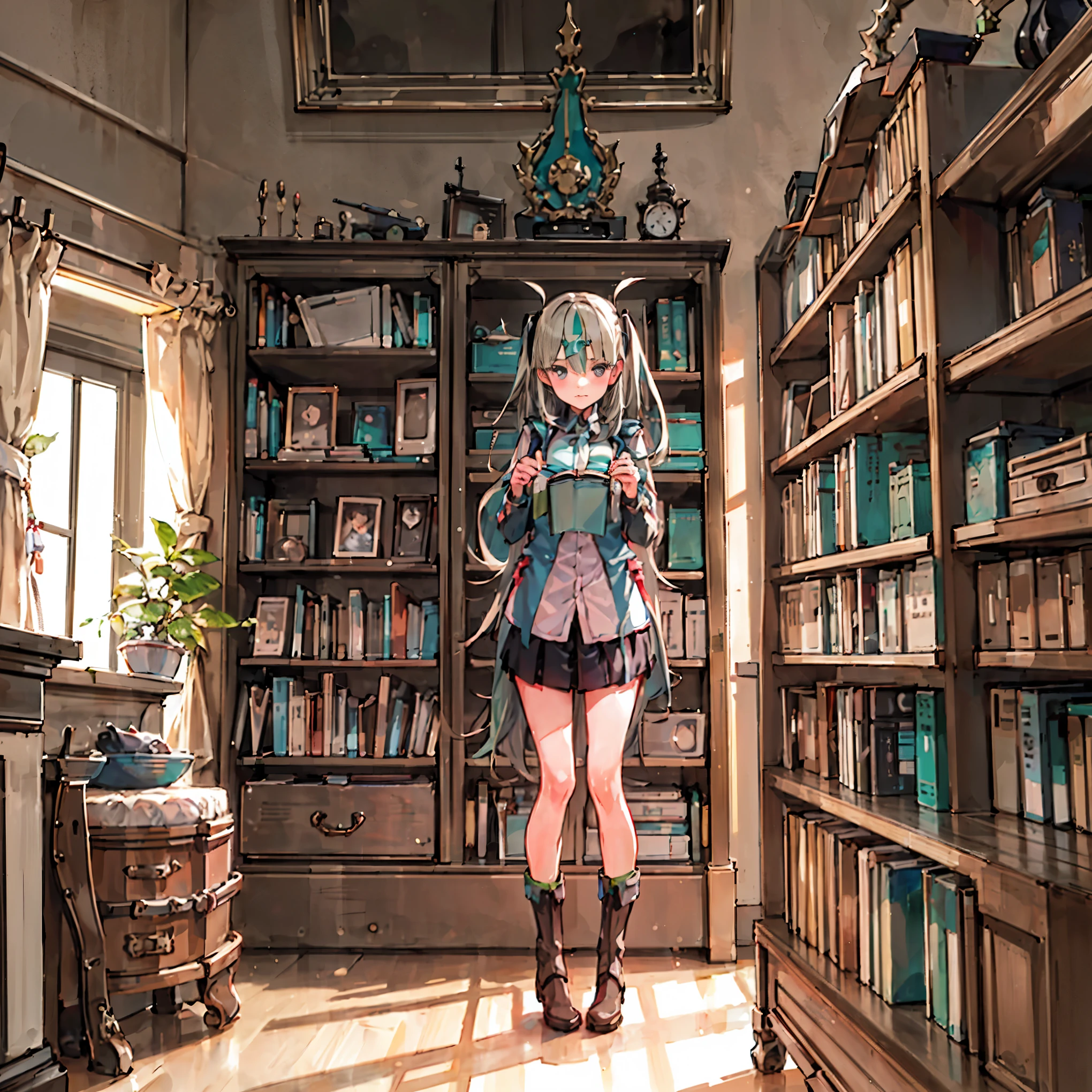 ((masterpiece,highest quality))1 girl, alone, bookshelf, pile of books, Suzuno, indoors, hair ornaments, 