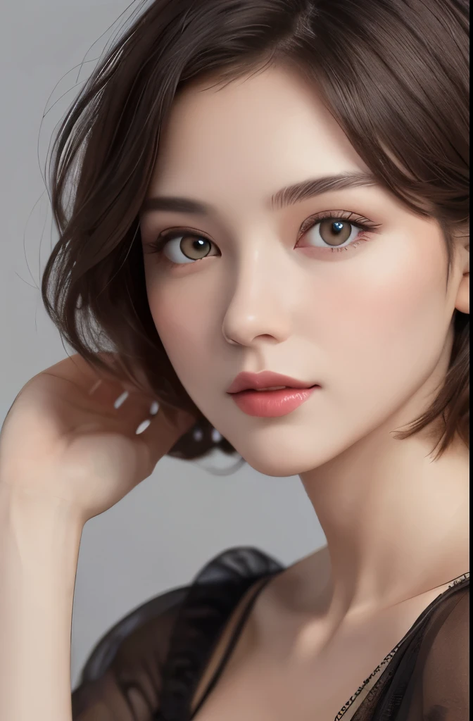 (masterpiece), (Highest image quality), 8K resolution, Extra fine, 超Extra fine, realism, realism, 30 years old mature woman、 small face, no makeup、Beautiful face、 short hair, dark brown hair, Fine and beautiful eyes, Bust B Cup, 、small breasts、silk dress、cool pose、Gray background
