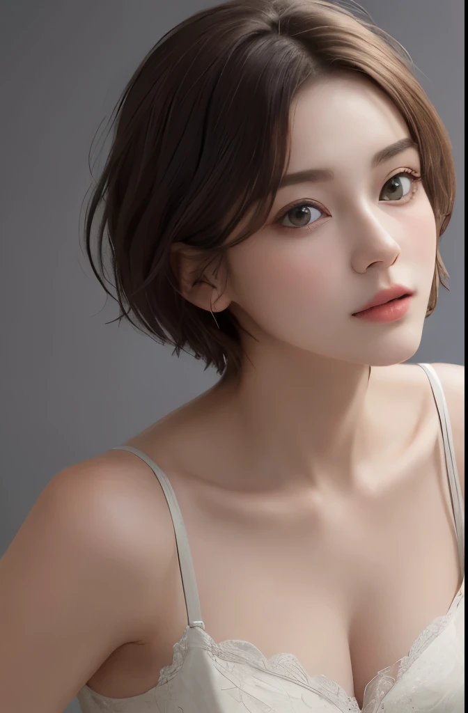 (masterpiece), (Highest image quality), 8K resolution, Extra fine, 超Extra fine, realism, realism, 30 years old mature woman、 small face, no makeup、Beautiful face、 short hair, dark brown hair, Fine and beautiful eyes, Bust B Cup, 、small breasts、silk dress、cool pose、Gray background