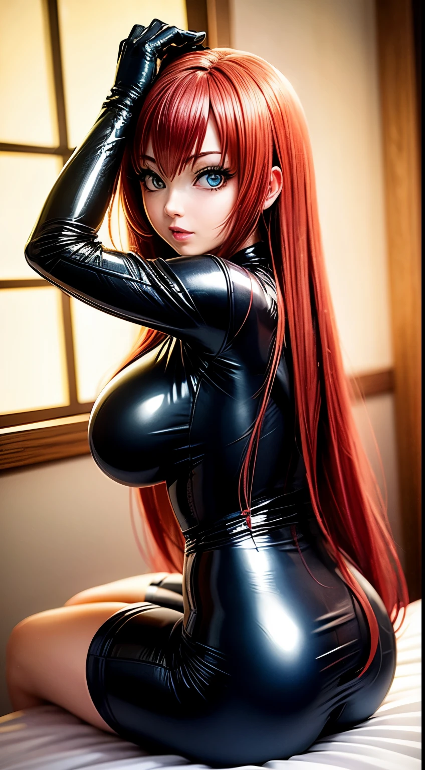 8k, Ultra Macro Photography, ((Rias Gremory)), (huge breasts), latex outfit, shiny/glossy latex, erotic outfit, hyper holographic black latex, long hair, long bangs, defined thick thighs, NSFW, hentai, perfect makeup, (detailed eyes), light blue eyes, red hair, loose hairstyle, eyelashes, :D, grin, bedroom, ((sitting on bed)), closeup view booty, (eyes looking at viewer), leaning forward, bend down 