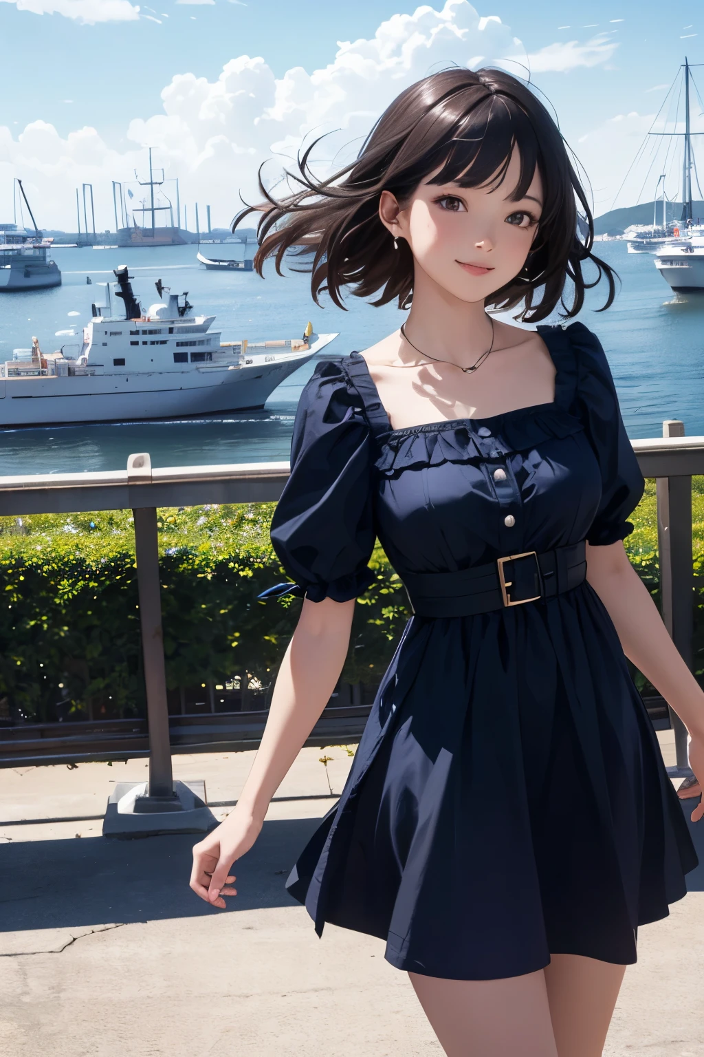 very cute and beautiful girl,(highly detailed beautiful face),(smile),cowboy shot,
navy blue frilled dress,walking,dynamic pose,(detailed legs,mini skirt:0.9),
black hair,(rose garden),navy harbor,warships in distance,
(best quality,masterpiece:1.2),absurdres,highres,ultra-detailed,extremely detailed,32k,8k resolution,
intricate details,cinematic scene,detailed background,solo,dynamic angle,
solo,natural lighting,hair fluttering in the wind,beautiful detailed sky,