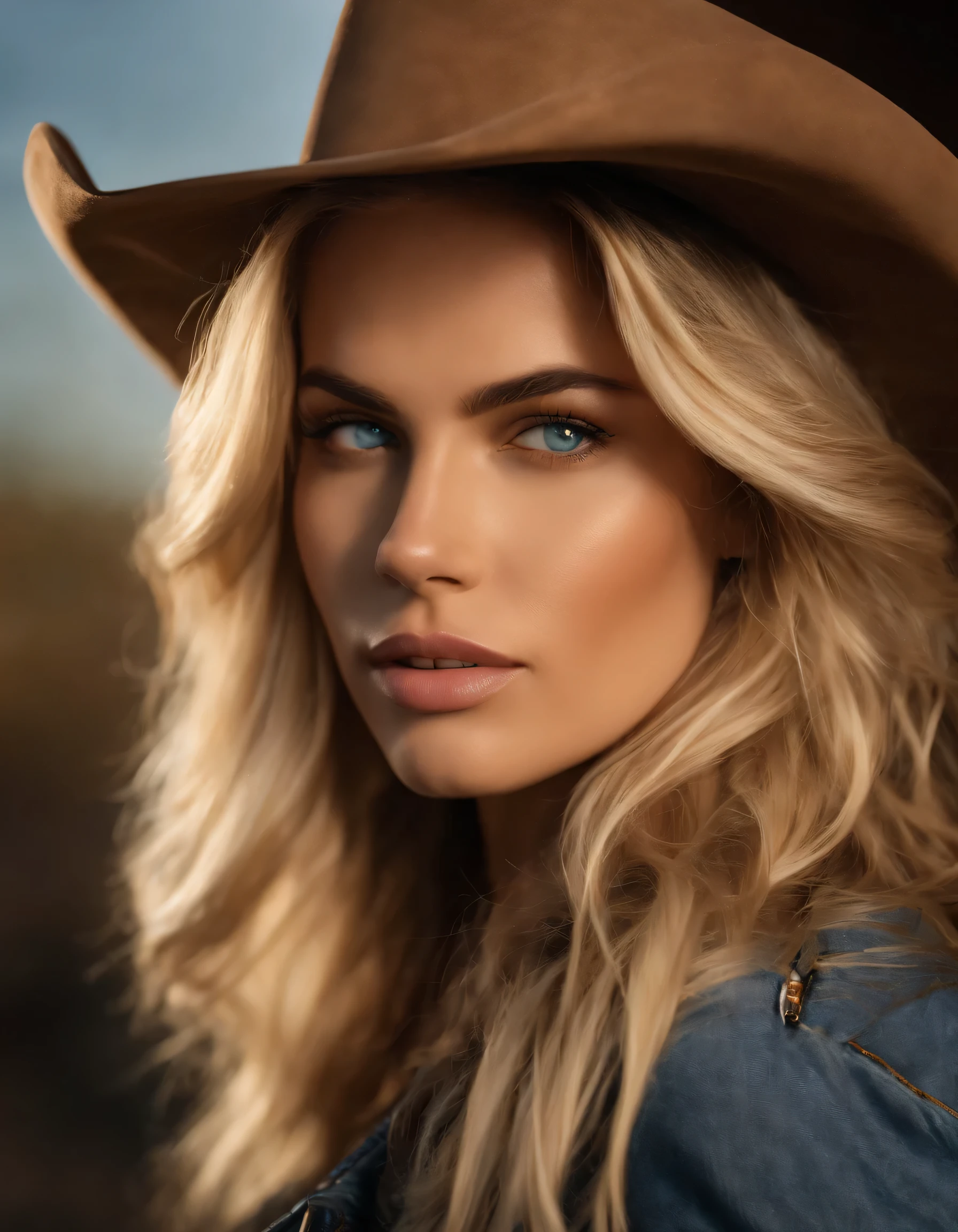 4K HLTRA HD |, Mastermiece, best quality, a blonde girl with blue eyes, cara boa, Olhos detalhados, Detailed lips, cabelos longos, pelos estreitos, vestindo roupa de cowboy, Bare stomach,  leather jacket, cowboy hat, Fundo desfocado, morning, captura de corpo inteiro, messy blonde hair