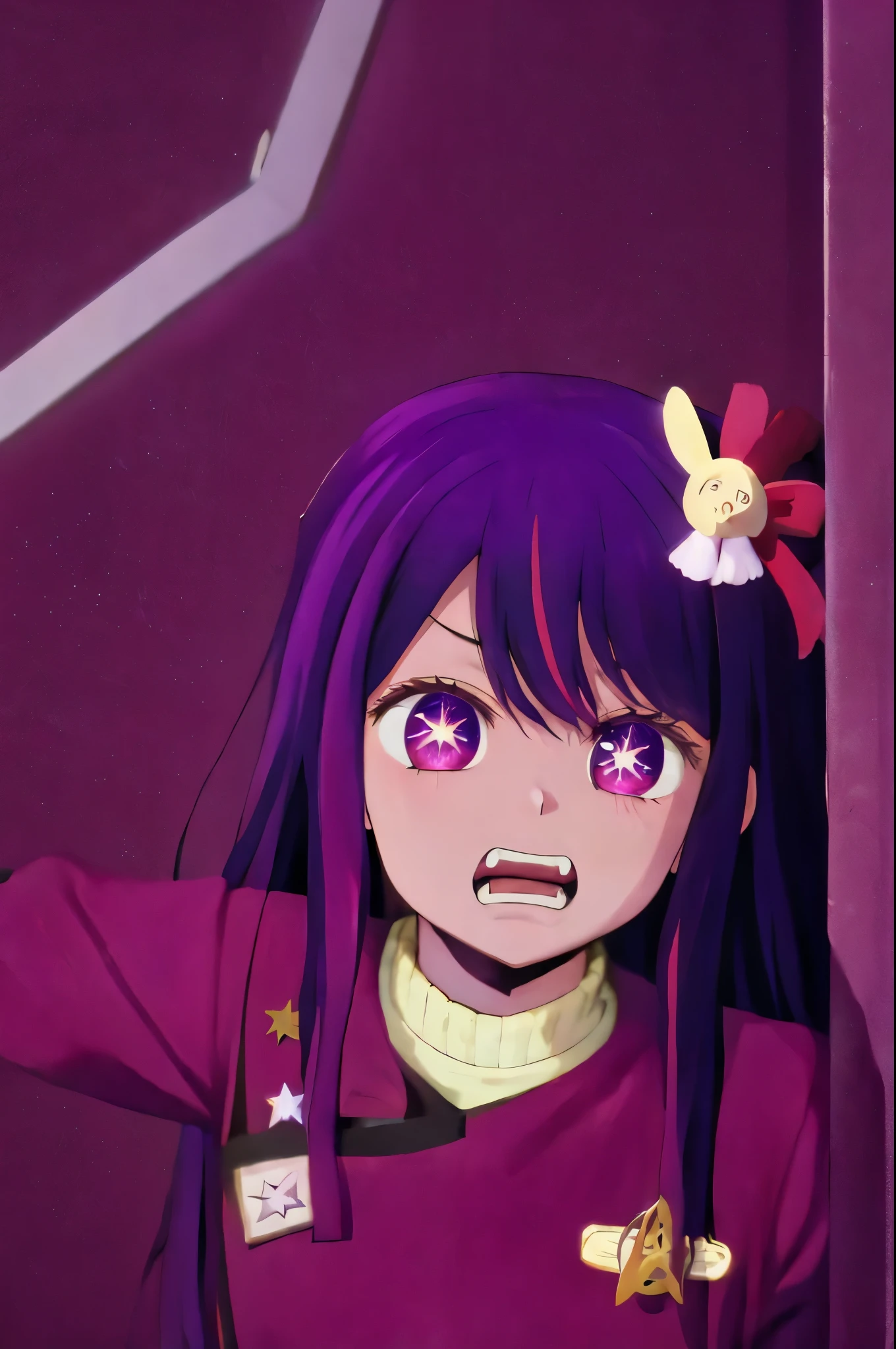 Hoshino Ai, long hair, purple hair, streaked hair ,purple eyes, star-shaped pupils, hair ornament, scared expression
clenched teeth twokunf uniform