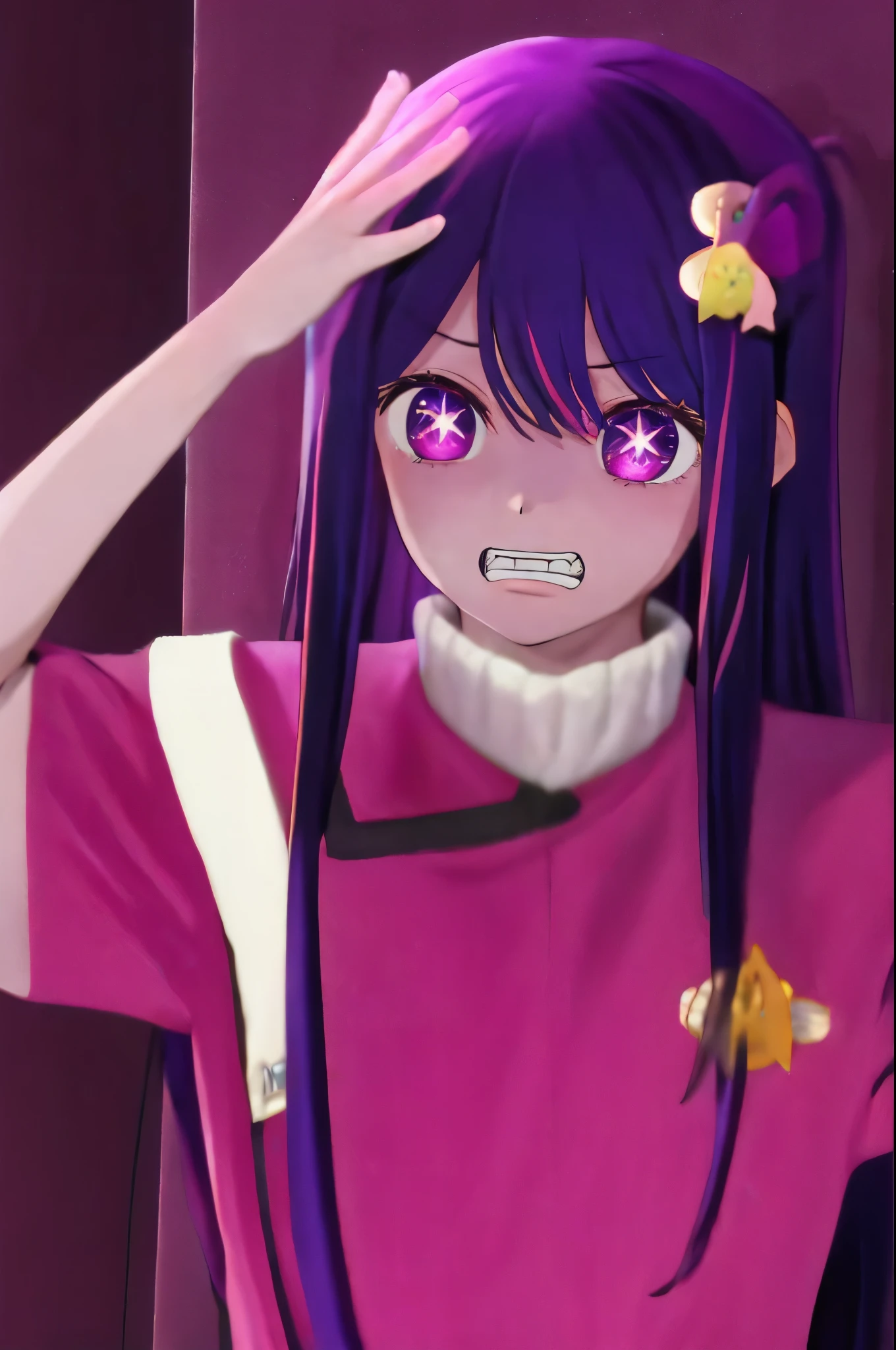 Hoshino Ai, long hair, purple hair, streaked hair ,purple eyes, star-shaped pupils, hair ornament, scared expression

clenched teeth  twokunf uniform