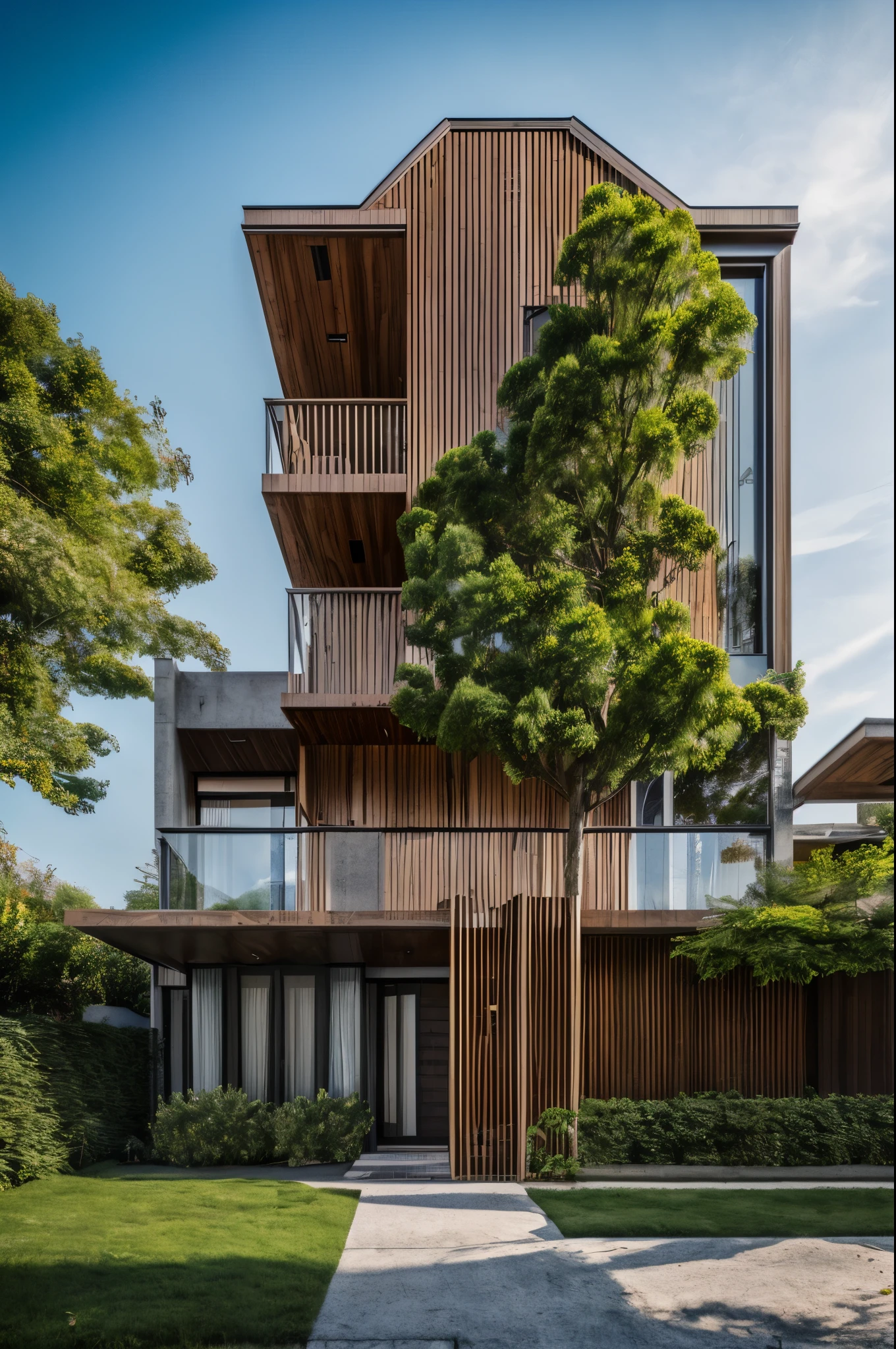 villa01, outdoors, sky, day, tree, no humans, window, watermark, grass, plant, building, scenery, stairs, fence, house, dvArchModern, 85mm, f1.8, portrait, photo realistic, hyperrealistic, orante, super detailed, intricate, dramatic, sunlight lighting, shadows, high dynamic range, house, masterpiece,best quality,(8k, RAW photo:1.2),(( ultra realistic)), modernvilla, blackandwhite, trees, vine, architecture, building, cloud, vivid colour, masterpiece,best quality,super detailed,realistic,photorealistic, 8k, sharp focus, a photo of a building, wood, 