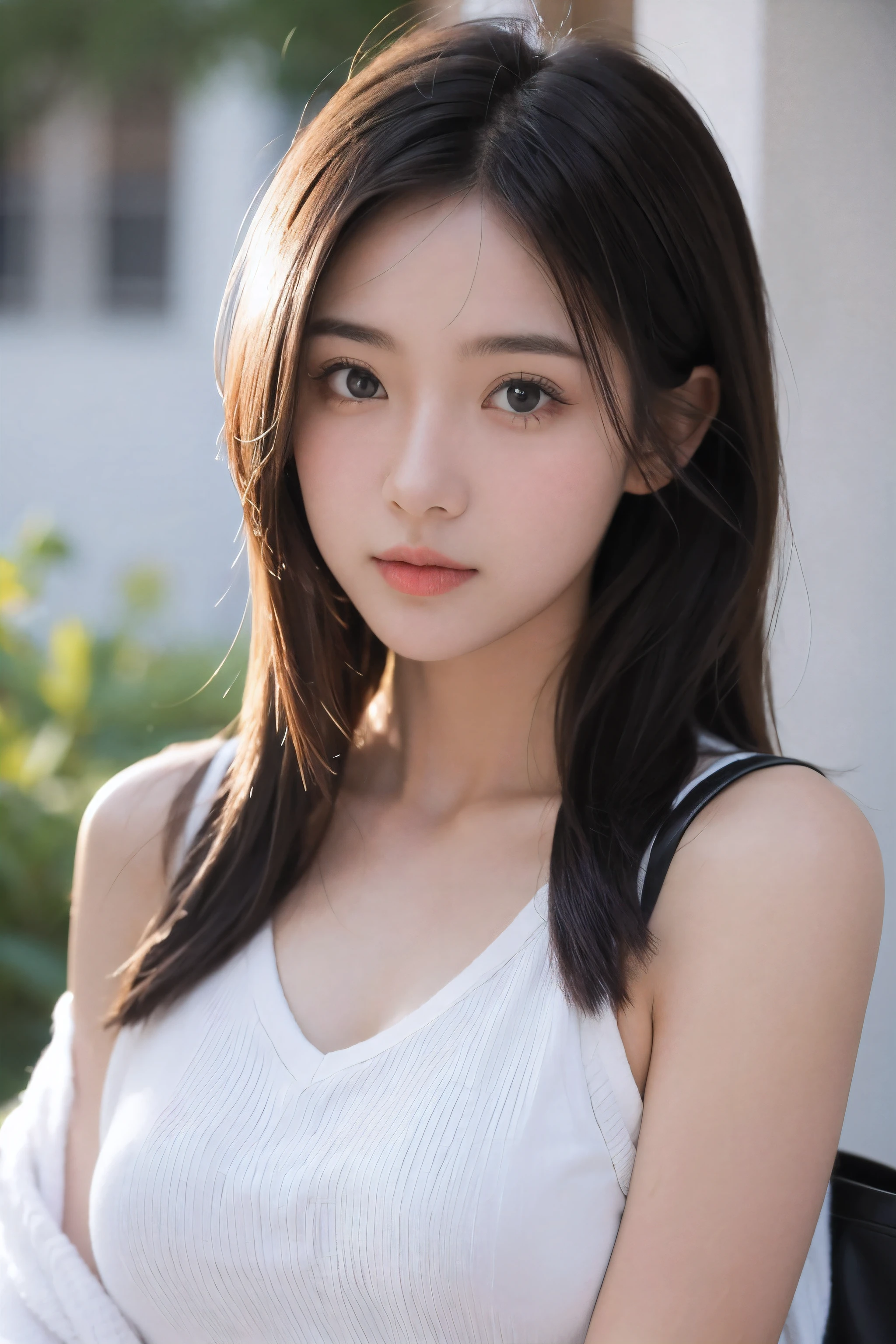 A woman with long hair and a white top posing for a picture - SeaArt AI