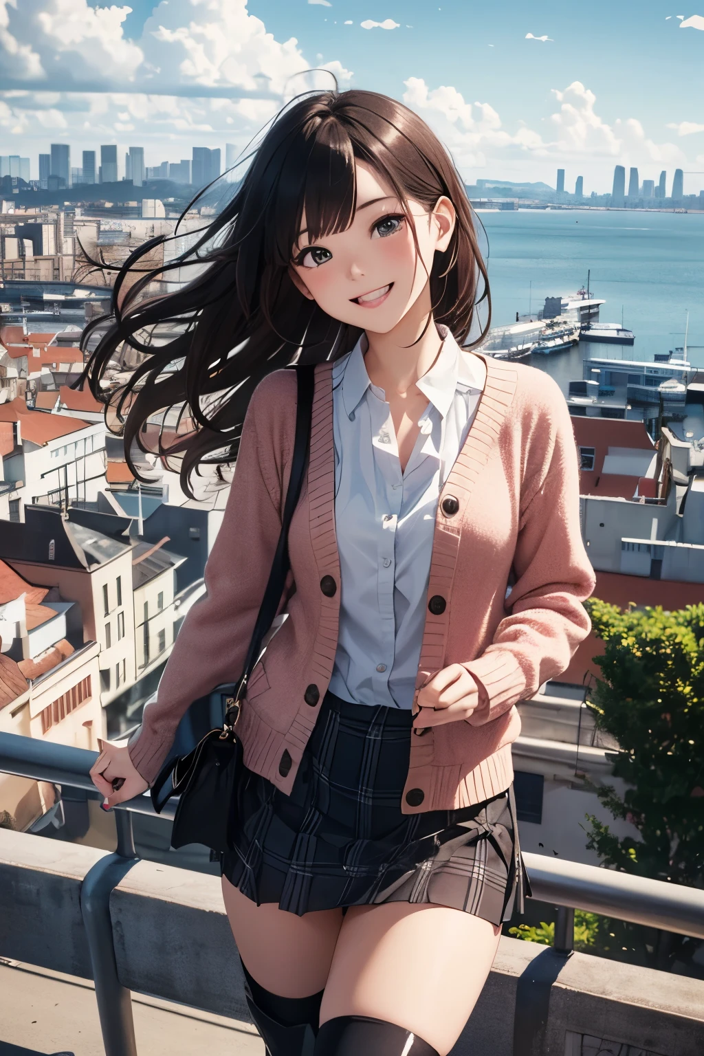 very cute and beautiful girl,teen,(highly detailed beautiful face and eyes:1.2),(gray blouse),laugh,
cowboy shot,(red cardigan:1.2),long sleeve BREAK zettai ryouiki,(brown shoulder bag),(plaid brown mini skirt:1.3),
dynamic pose,wavy hair,black hair,(black boots:1.2),
(Yokohama:1.2),(port town,cityscape overview:1.2),detailed landscape,walking,
(best quality,masterpiece:1.2),absurdres,highres,ultra-detailed,extremely detailed,32k,8k resolution,
intricate details,cinematic scene,detailed background,solo,dynamic angle,
hair fluttering in the wind,beautiful detailed sky,perfect hands,