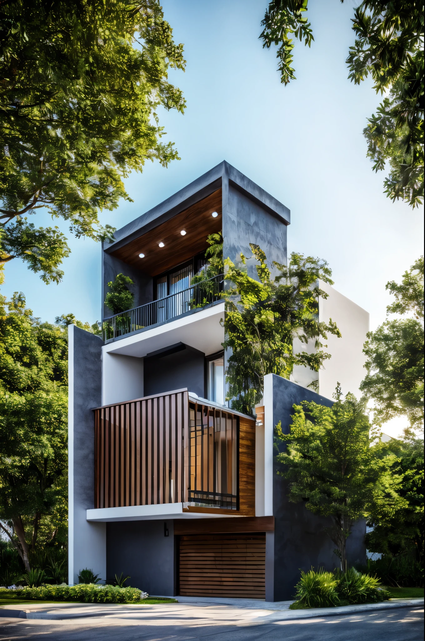 villa01, outdoors, sky, day, tree, no humans, window, watermark, grass, plant, building, scenery, stairs, fence, house, dvArchModern, 85mm, f1.8, portrait, photo realistic, hyperrealistic, orante, super detailed, intricate, dramatic, sunlight lighting, shadows, high dynamic range, house, masterpiece,best quality,(8k, RAW photo:1.2),(( ultra realistic)), modernvilla, blackandwhite, trees, vine, architecture, building, cloud, vivid colour, masterpiece,best quality,super detailed,realistic,photorealistic, 8k, sharp focus, a photo of a building, wood, 