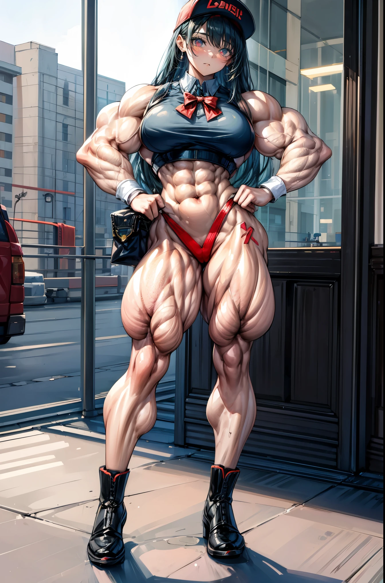 (best lighting) , (Extremely complex and detailed) , 4K unified, (Super detailed CG: 1.2) , (8k: 1.2),(The original), (masterpiece) , (best quality),(masterpiece:1.4),Anime-like high quality,(masterpiece),masterpiece, Super clear picture quality,clearer than,(delicate face)best quality, absurd,((Master of Peace, 4K, 8k, Yes, high resolution))1个girl, female student,She was in the garden,Smile,Uniforms,On the way from school,Red bow school bag,,standing posture,Ten strong abdominal muscles,stand up,exposed abdomen, Crop topping,dense, There are raised veins on the arms,spring, boots, Perfect body, long black hair, Glasses,Navel-baring outfits are cool,baseball cap,dynamic poses,legs exposed,Strong leg muscles ((bodybuilder:1.5)),spring Garden,(beautiful bass),(girl),(miss),(((whole body:1)))