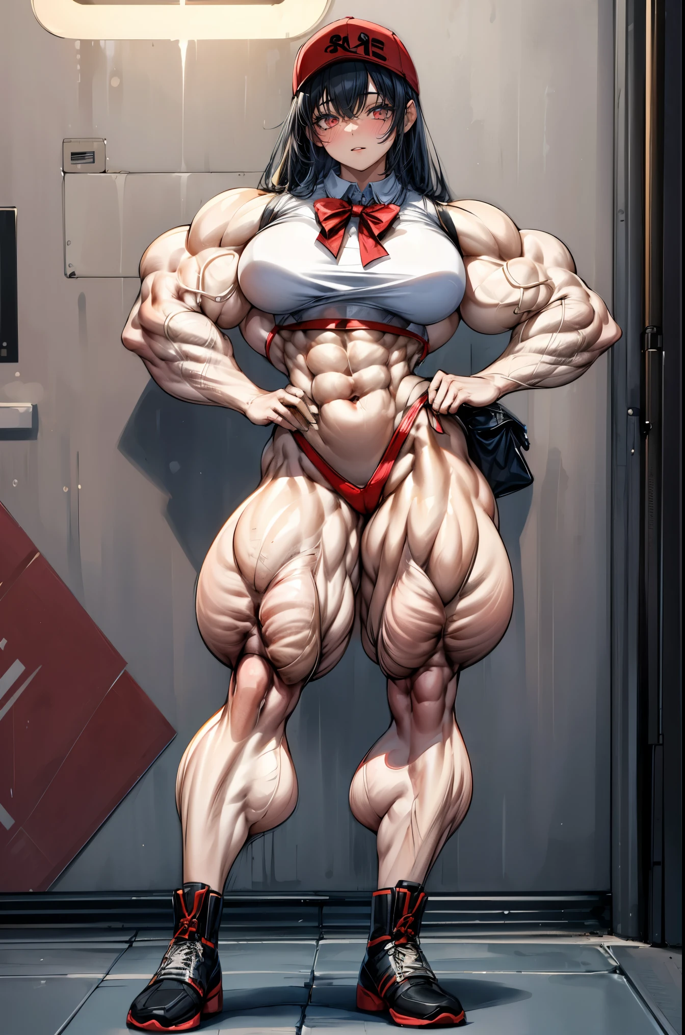 (best lighting) , (Extremely complex and detailed) , 4K unified, (Super detailed CG: 1.2) , (8k: 1.2),(The original), (masterpiece) , (best quality),(masterpiece:1.4),Anime-like high quality,(masterpiece),masterpiece, Super clear picture quality,clearer than,(delicate face)best quality, absurd,((Master of Peace, 4K, 8k, Yes, high resolution))1个girl, female student,She was in the garden,Smile,Uniforms,On the way from school,Red bow school bag,,standing posture,Ten strong abdominal muscles,stand up,exposed abdomen, Crop topping,dense, There are raised veins on the arms,spring, boots, Perfect body, long black hair, Glasses,Navel-baring outfits are cool,baseball cap,dynamic poses,legs exposed,Strong leg muscles ((bodybuilder:1.5)),spring Garden,(beautiful bass),(girl),(miss),(((whole body:1)))