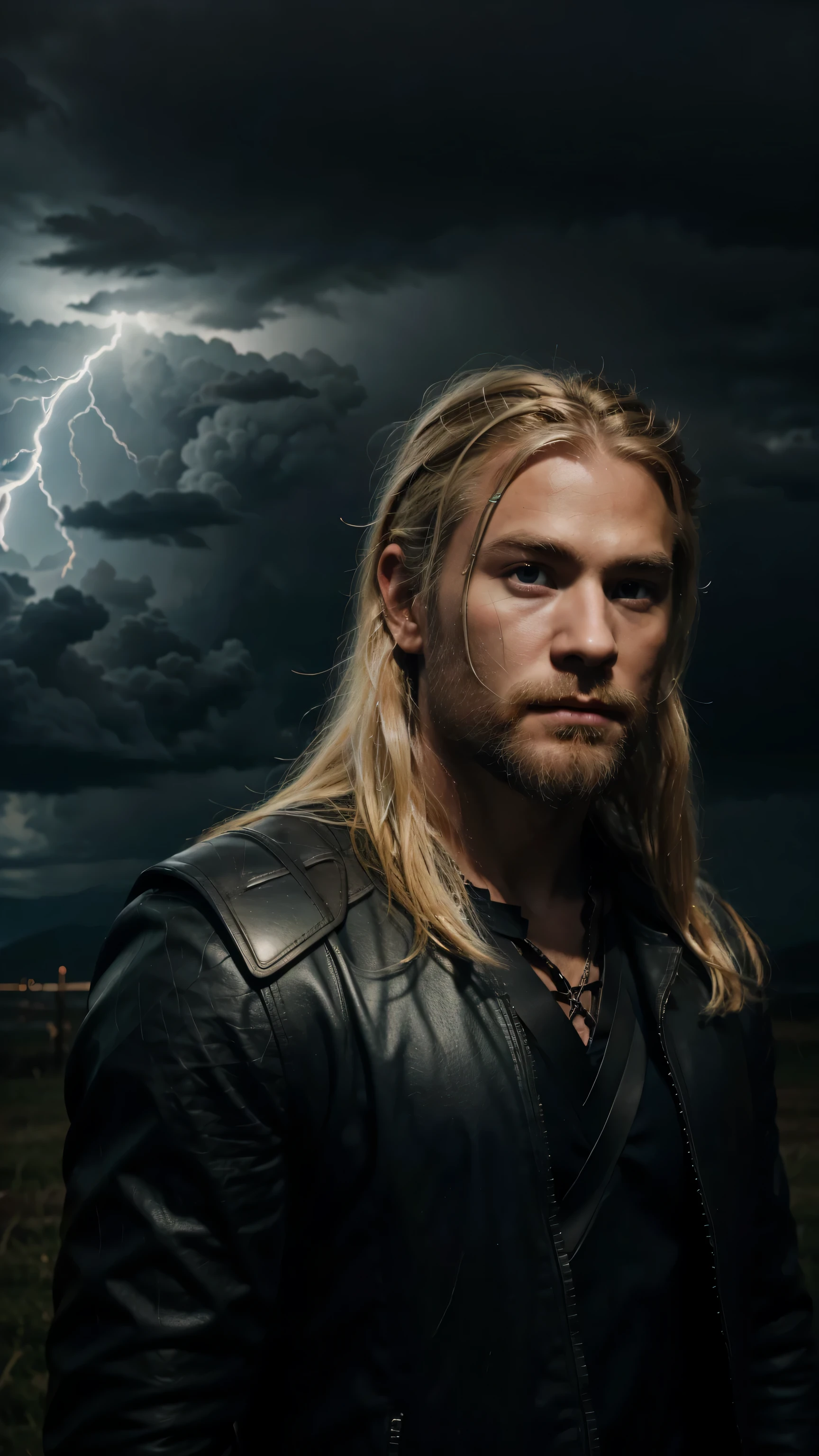 Thor, god of thunder in norse mythology。blond hair and blond beard。look at the camera。3Appearance of about 0 years old。dark background、I can see thunderclouds and lightning.。all black。The background is pitch black darkness。Image of upper body only。