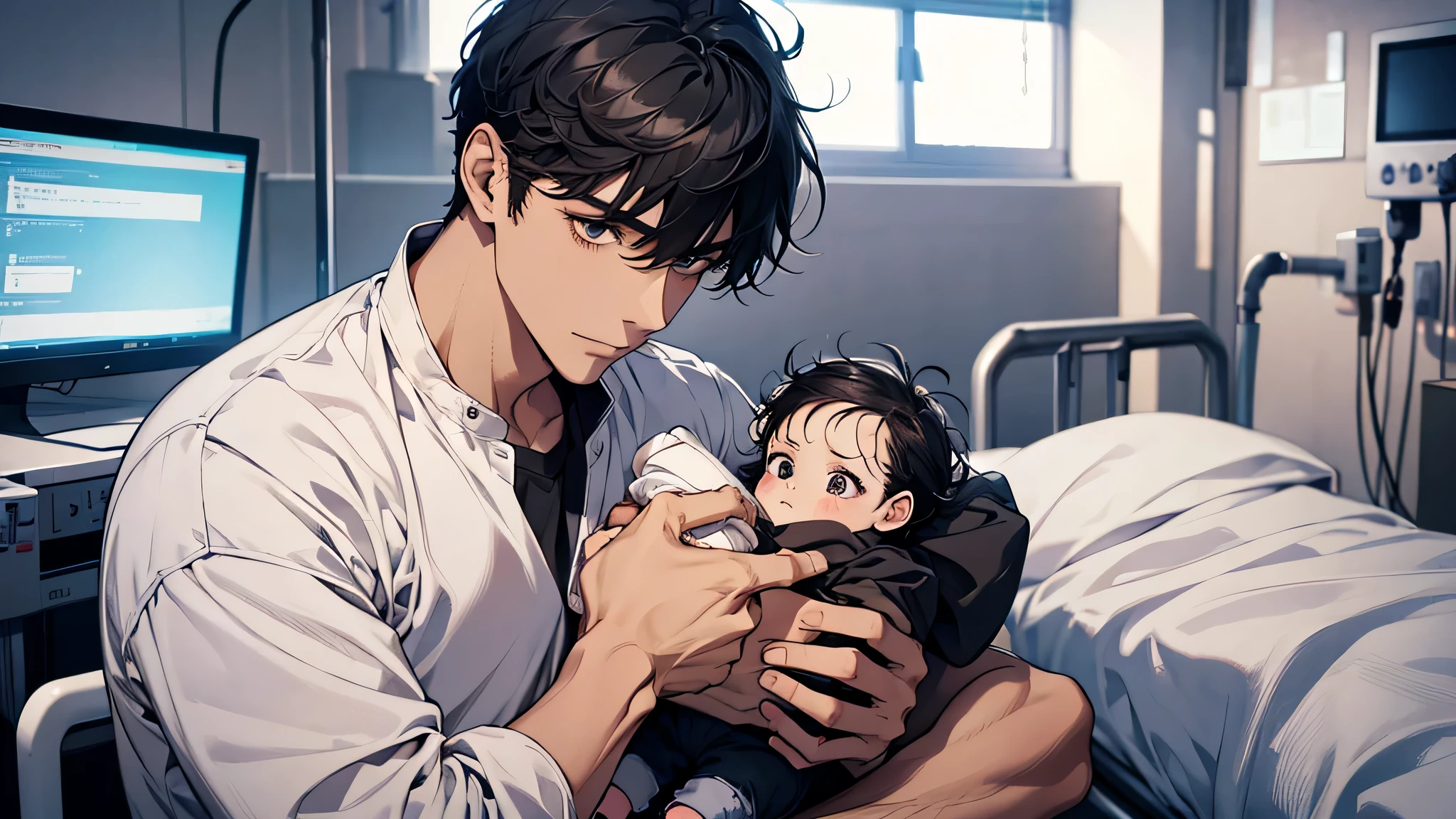 A man holds a , in a hospital room, perfect body, perfect face, detailed face, black hair, wearing casual clothes