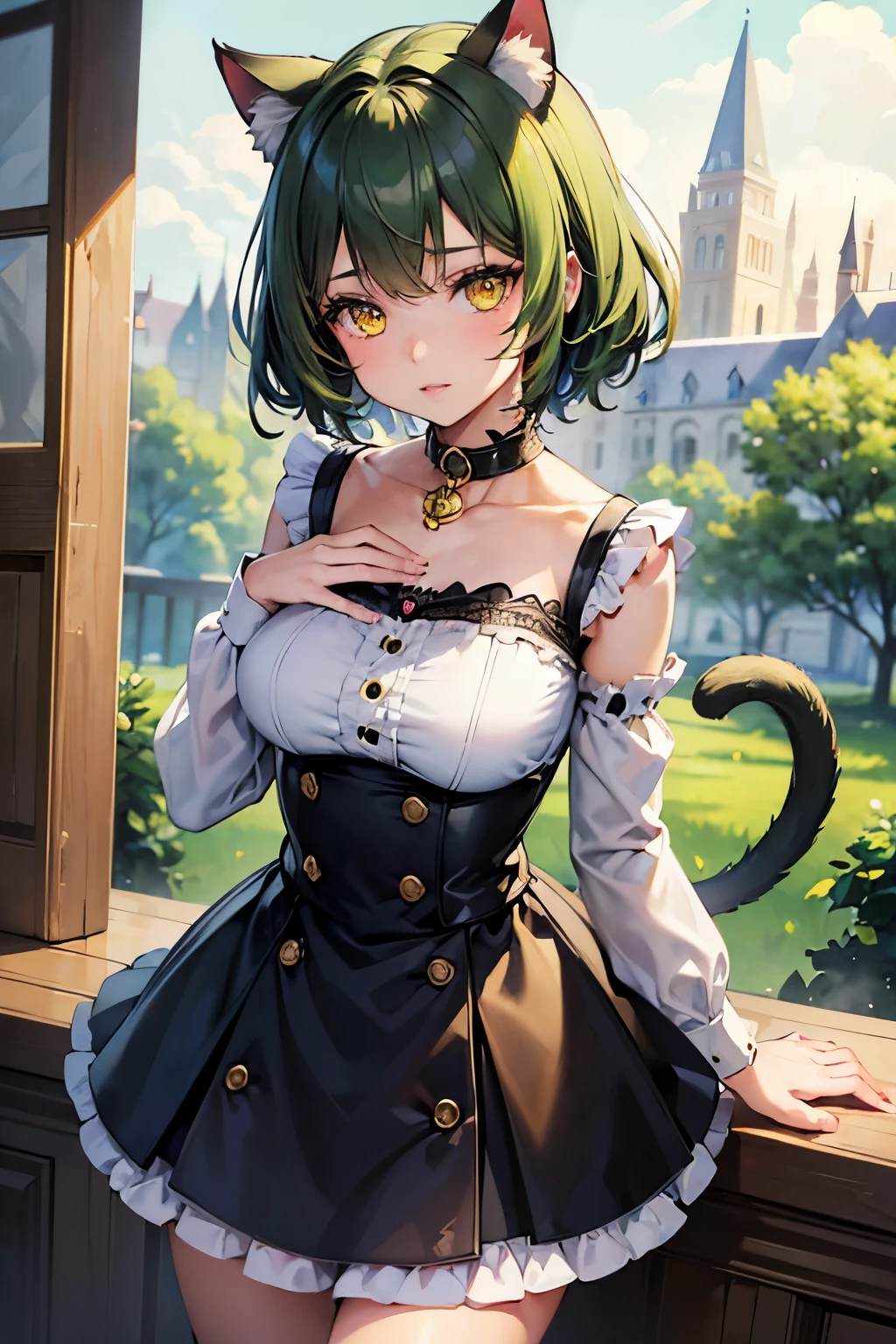 (Best quality:1.1), (Masterpiece:1.4), (Illustration fantastique:1.2), 1fille, (()), Cute girl, yellow eyes, short dark green hair, cat ears, cat collar, cat tail, Beautiful eyes, better hands, High quality, short dark green hair, Her tongue is out of her mouth, sexy,x, shehot