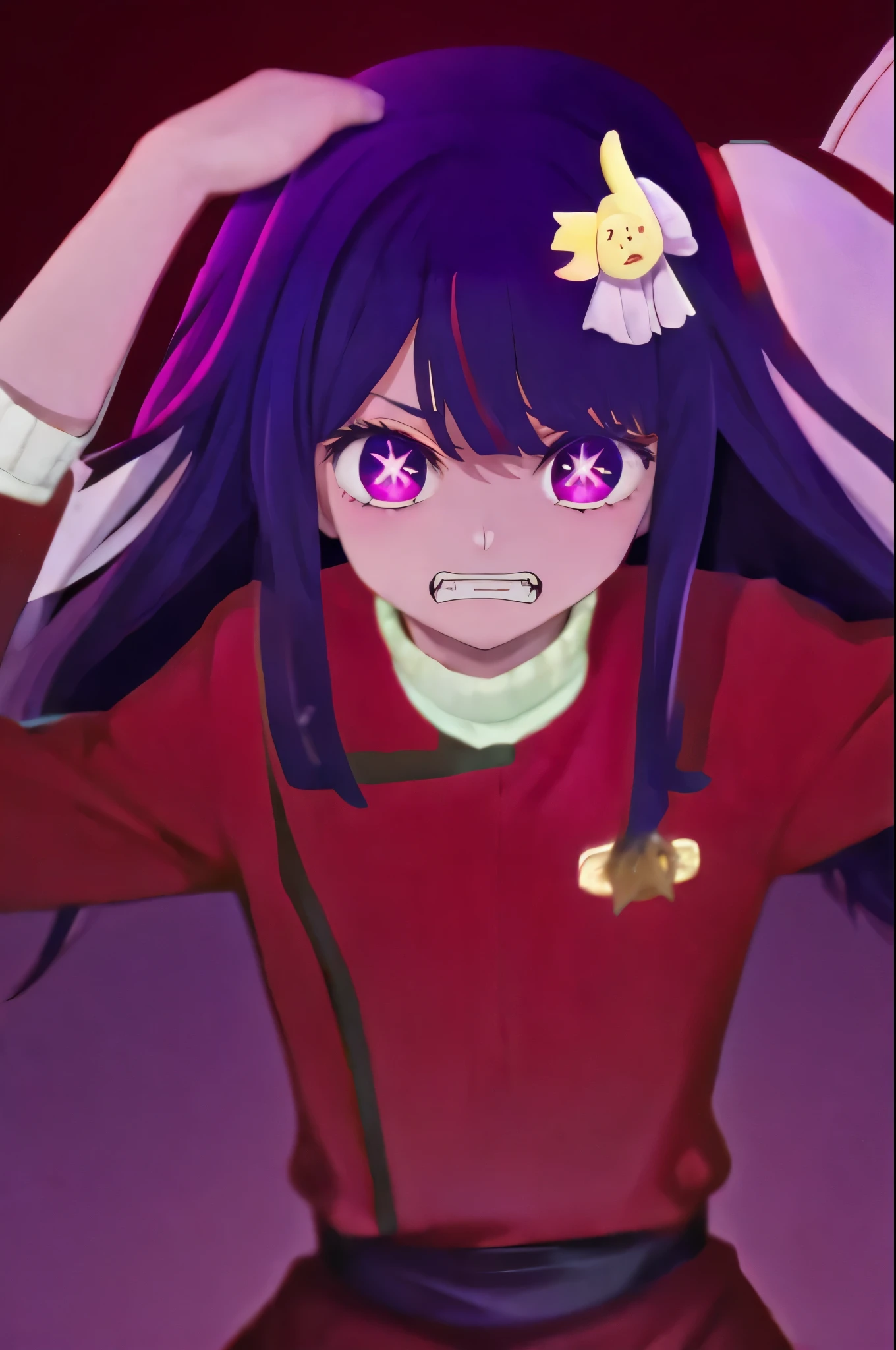 Hoshino Ai, long hair, purple hair, streaked hair ,purple eyes, star-shaped pupils, hair ornament, scared expression

clenched teeth  red twokunf uniform