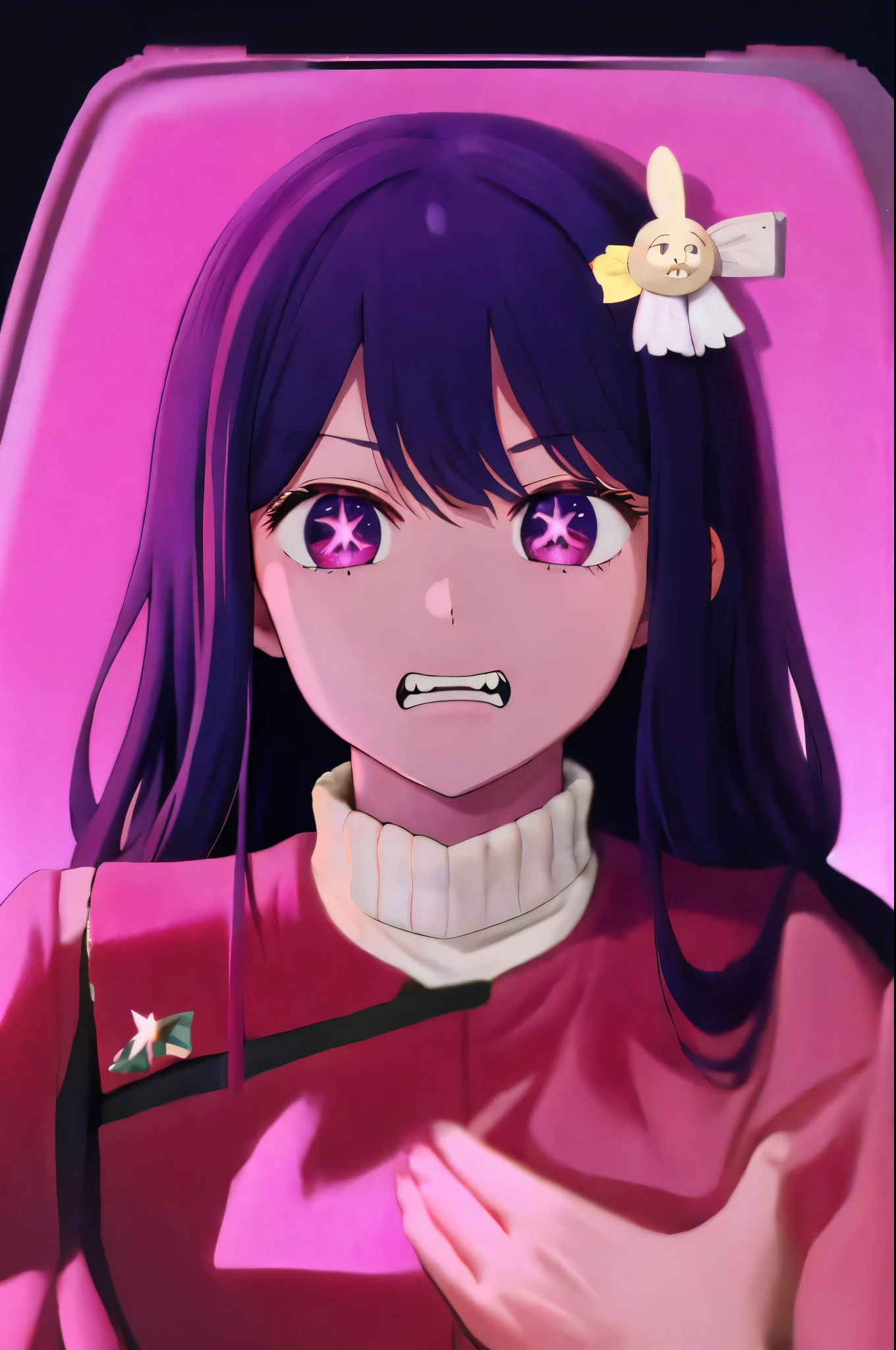 Hoshino Ai, long hair, purple hair, streaked hair ,purple eyes, star-shaped pupils, hair ornament, scared expression

clenched teeth  red twokunf uniform