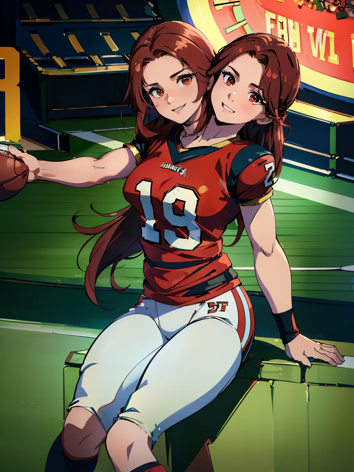 best quality, (masterpiece),(ultra-detailed), (high quality), (high resolution), ((2heads:1.5)), best quality:1.5, highres, UHD, 4K), smiling, highres, masterpiece, 4k, (brown hair), red hair, ((football t shirt)), ((Super Bowl)), (football stadium), ((football game)), football players in background, ((football)), football bleachers