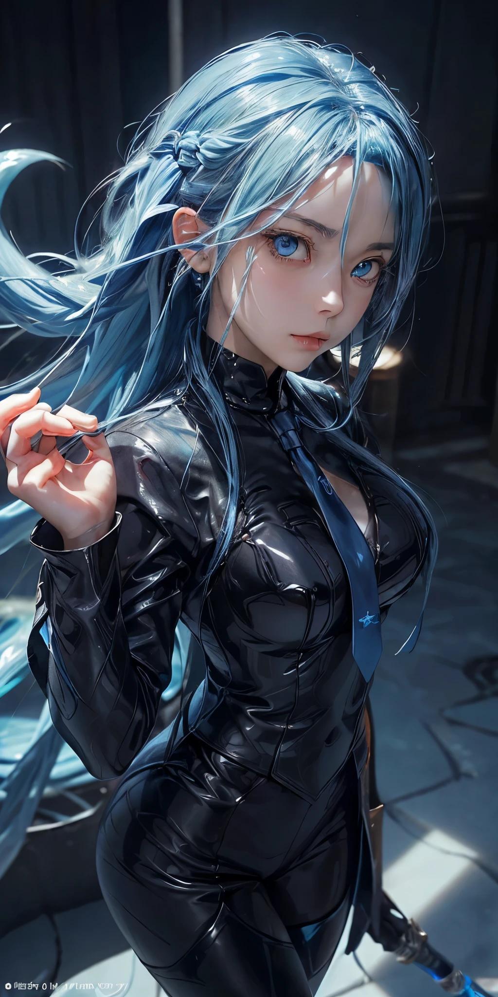 a close up of a person with long blue hair wearing a tie, tensei shitara slime datta ken, albedo from the anime overlord, fus rei, hestia, female 3D character, 3D style like fate/stay night, tsuaii, portrait of a female 3D hero, tall 3D guy with blue eyes, sad cerulean eyes