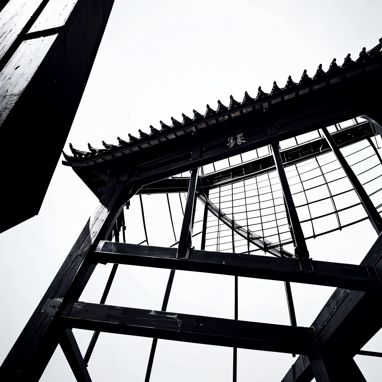 draw me a picture，Chinese bracket structure，Strong black and white contrast，Have a sense of spatial structure，Full of lines，Looking up，Close-up of the bracket structure of the building，Don’t draw the entire building，The picture is detailed