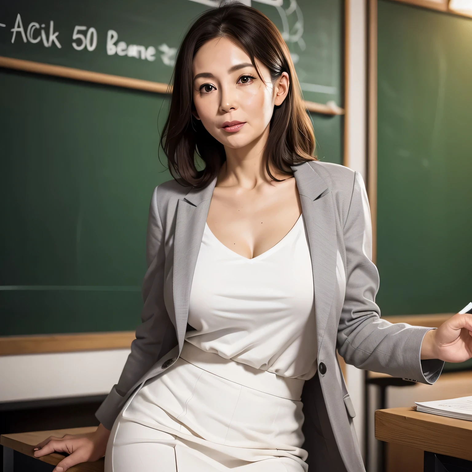 High resolution, High level image quality, high detail, masterpiece, rough skin, anatomically correct, sharp, 
classroom background, 
((japanese mature, 50 years old)), alone, ((facial wrinkles)), good shape big breasts, Straight light brown hair that reaches to the shoulders, 
(((write on the blackboard,))), Staring straight ahead with an open mouth and a tired face, 
gray blazer, white blouse, white skirt, 