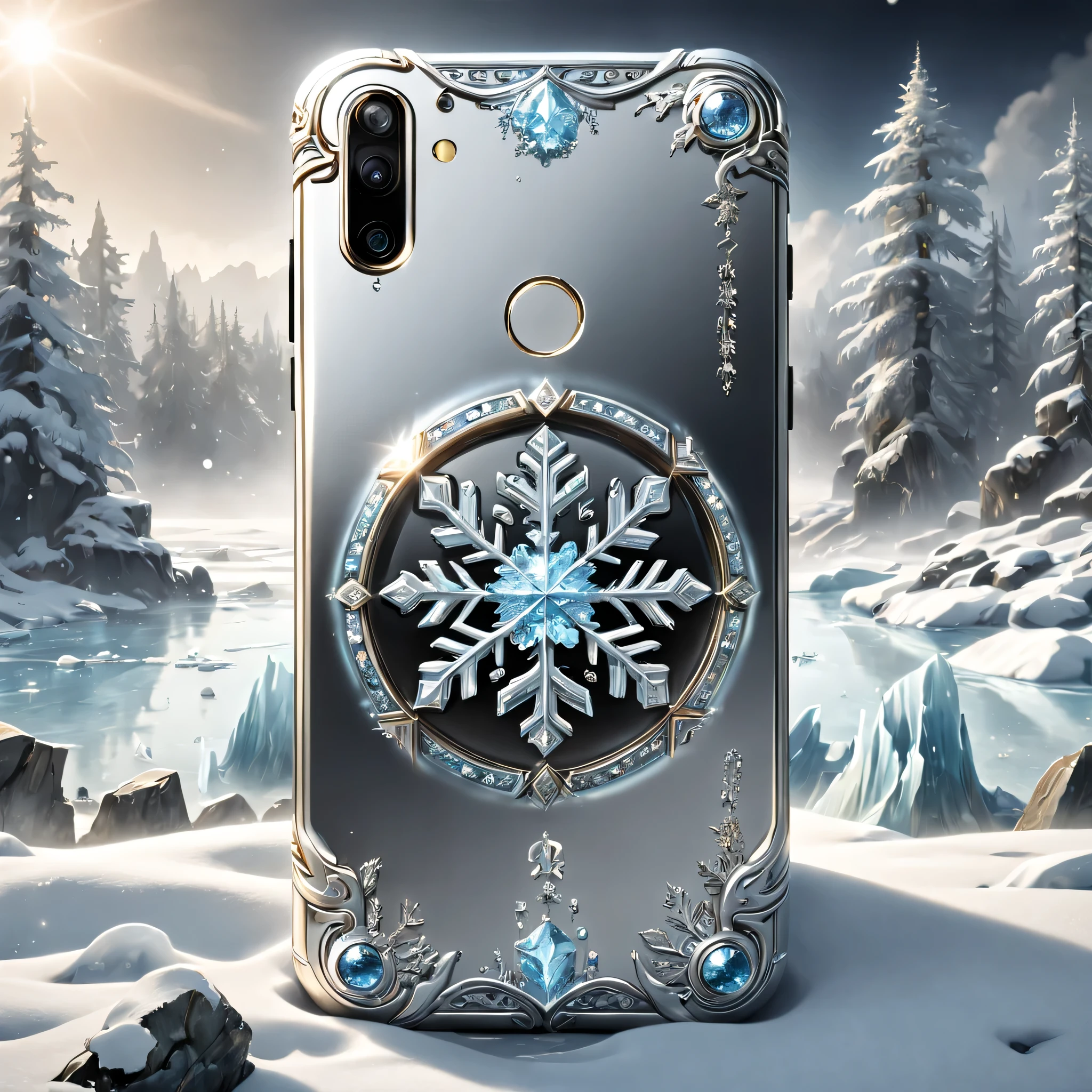 (8K, 16 thousand., Award Winning, top quality, Highest resolution, Super Detail, high detail, anatomically correct, masterpiece, stunning beauty), (metal ring: 1.3), Smartphones inside icicles , smartphone, detailed design, Snowflake carving, exquisite workmanship , Legendary smartphones, Rare and precious, complex parts, Smartphones are made of a metal called orichalcum...., There are no gems, (Ancient characters are engraved on the inside of the smartphone: 1.2), irreproachable, platinum, white, gold & silver, Trapped in a world of ice and snow.