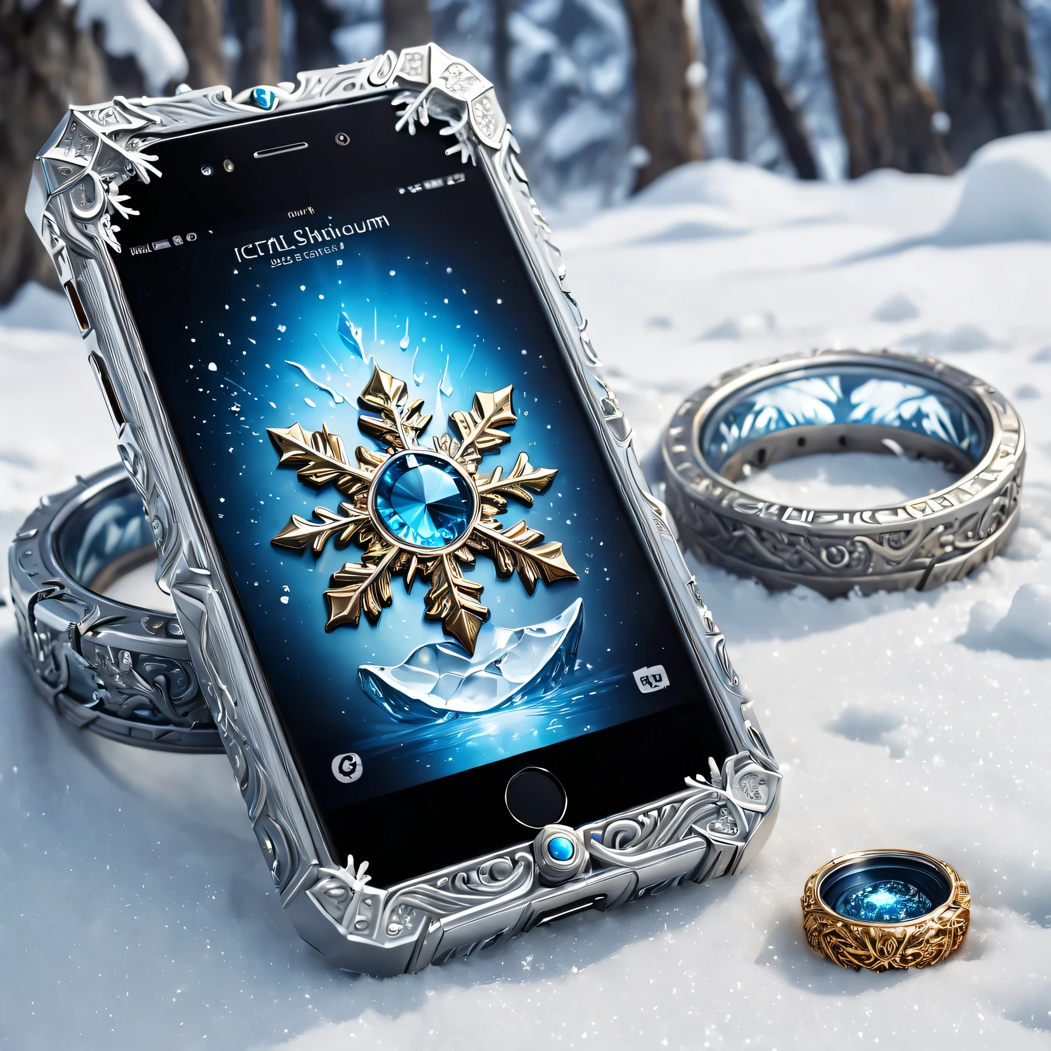 (8K, 16 thousand., Award Winning, top quality, Highest resolution, Super Detail, high detail, anatomically correct, masterpiece, stunning beauty), (metal ring: 1.3), Smartphones inside icicles , smartphone, detailed design, Snowflake carving, exquisite workmanship , Legendary smartphones, Rare and precious, complex parts, Smartphones are made of a metal called orichalcum...., There are no gems, (Ancient characters are engraved on the inside of the smartphone: 1.2), irreproachable, platinum, white, gold & silver, Trapped in a world of ice and snow.