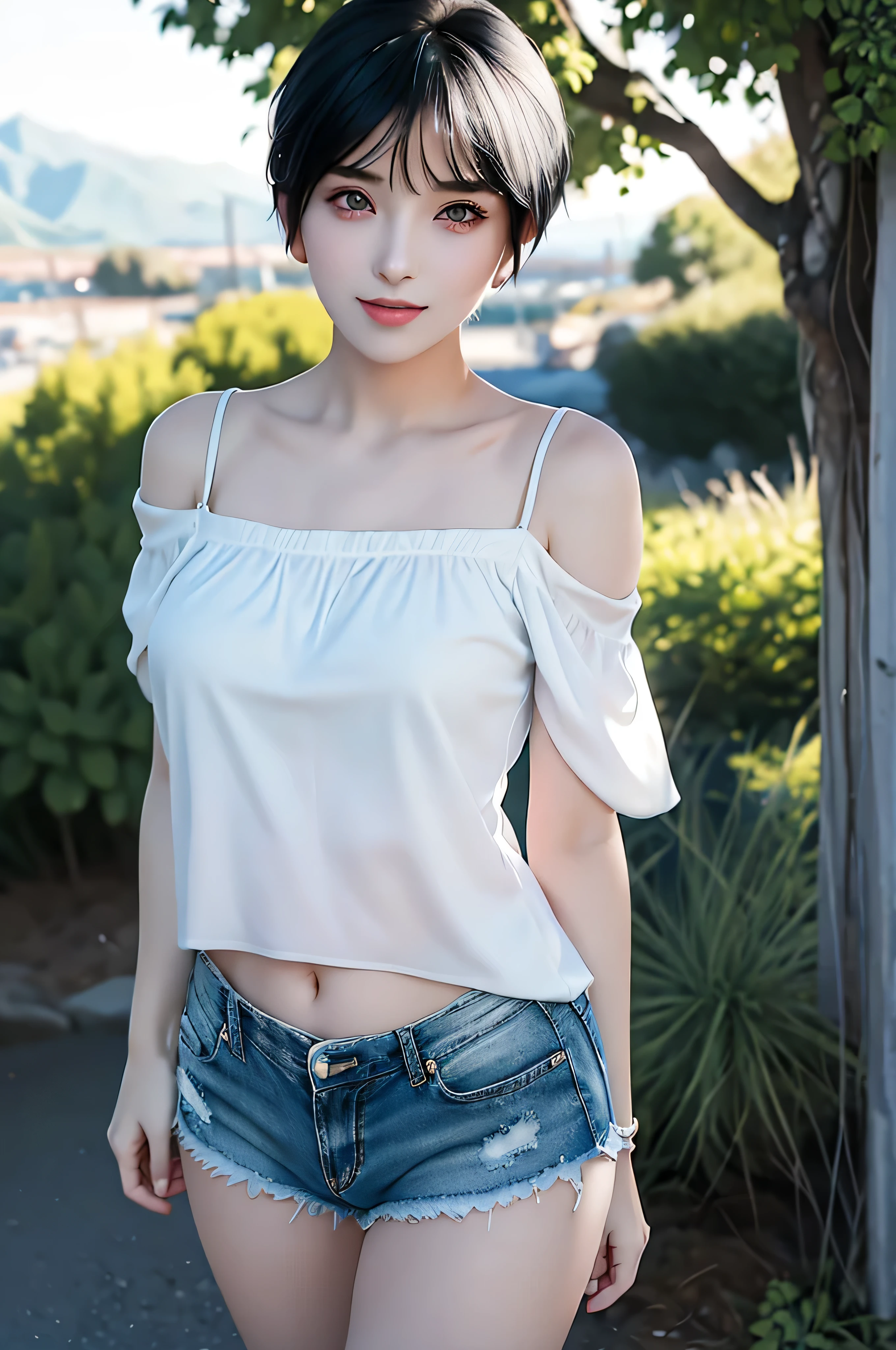 masterpiece, best quality, 1girl, aqua eyes, black hair, closed mouth, multicolored background, looking at viewer, short hair, outdoors, solo, full body, alluring, clean, beautiful face, pure face, pale skin, sexy pose,((camisole, shorts, off shoulder, navel)), cute