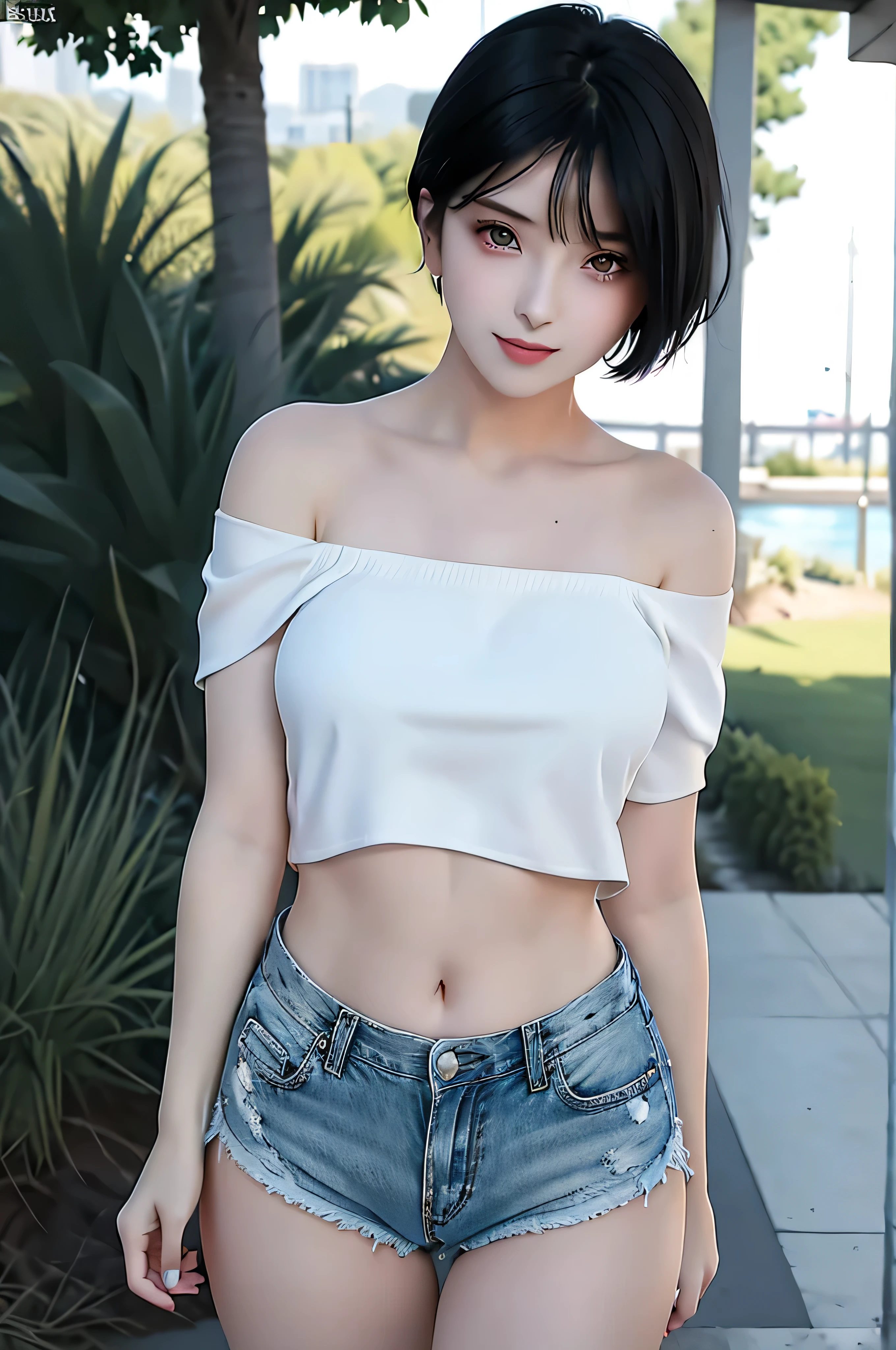 masterpiece, best quality, 1girl, aqua eyes, black hair, closed mouth, multicolored background, looking at viewer, short hair, outdoors, solo, full body, alluring, clean, beautiful face, pure face, pale skin, sexy pose,((camisole, shorts, off shoulder, navel)), cute